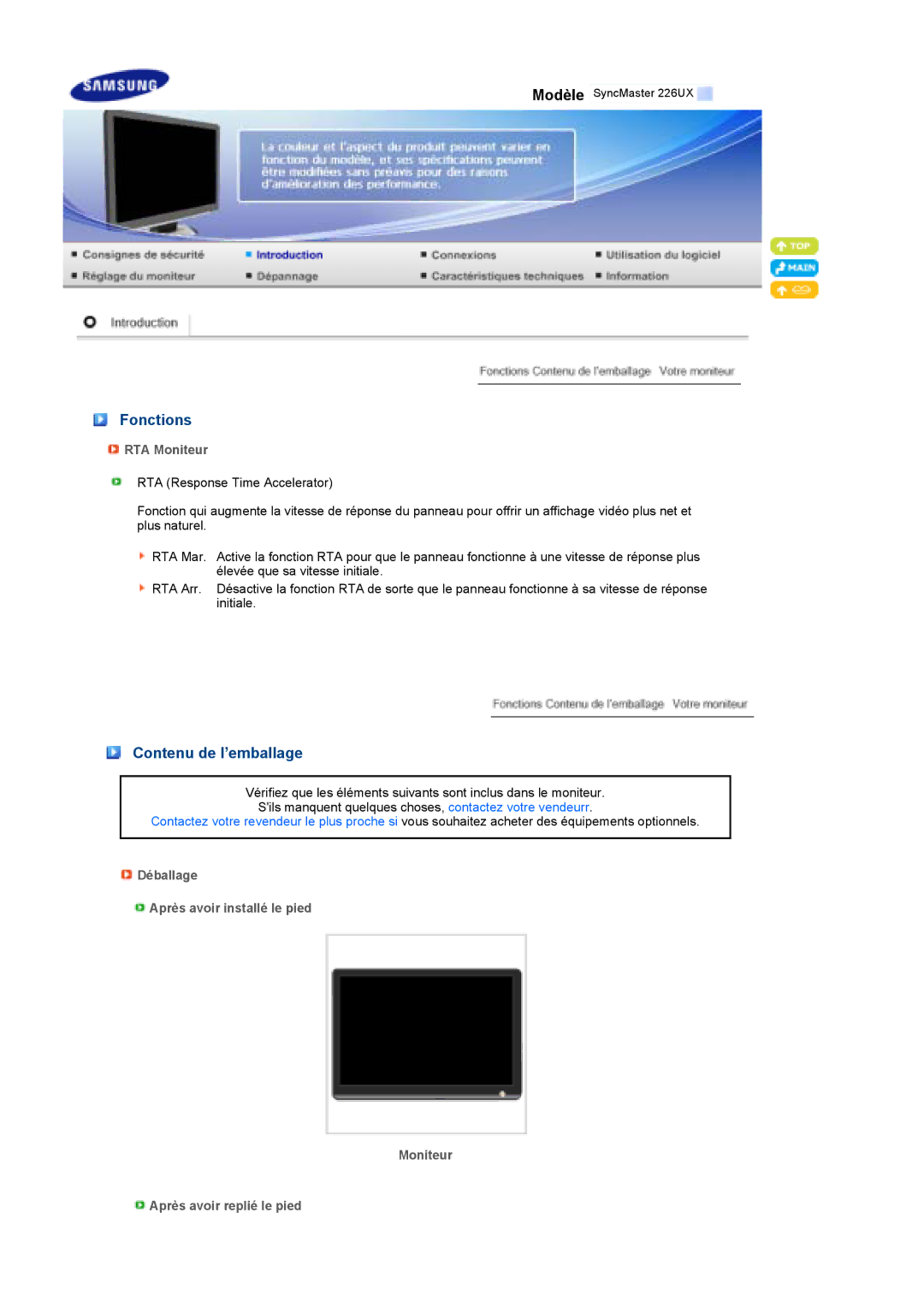 Samsung LS22MEPSF/EDC manual Fonctions, Contenu de l’emballage, RTA Moniteur 