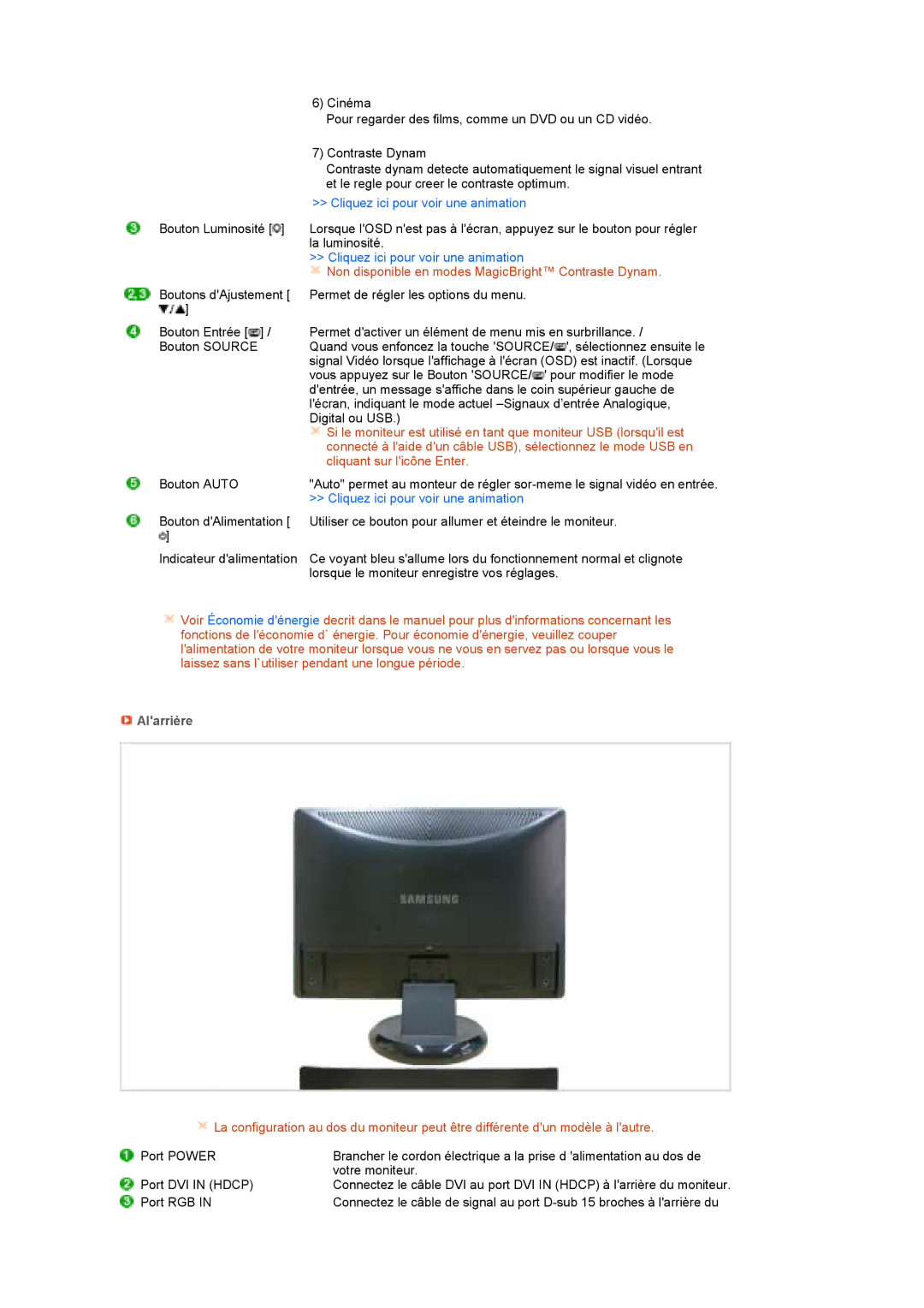 Samsung LS22MEPSF/EDC manual Cliquez ici pour voir une animation, Alarrière 