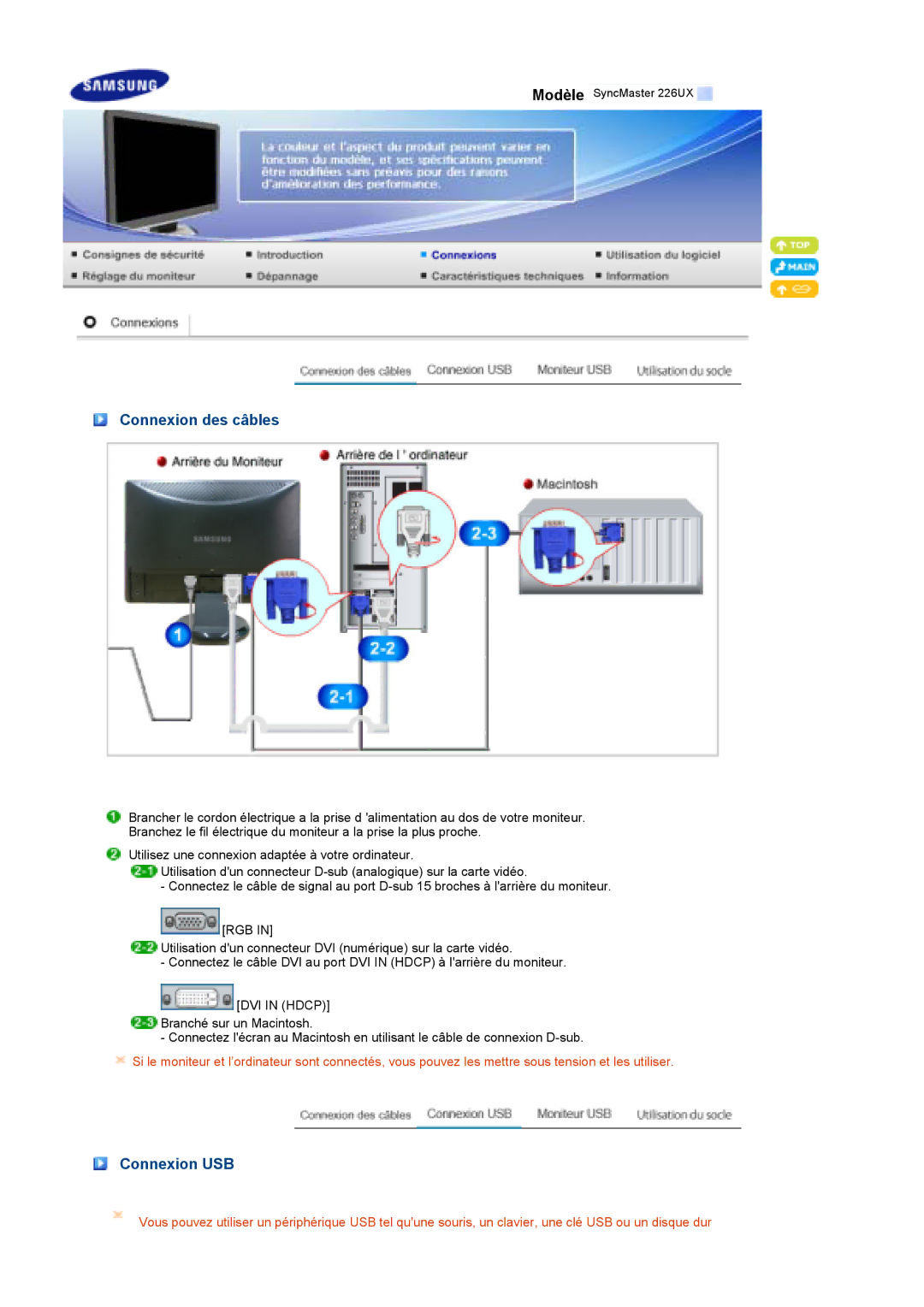 Samsung LS22MEPSF/EDC manual Connexion des câbles, Connexion USB 