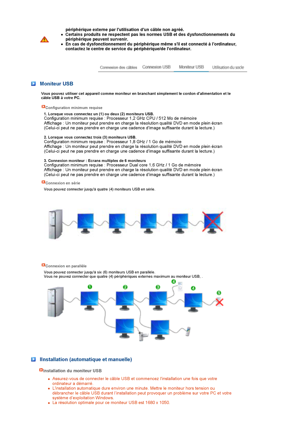 Samsung LS22MEPSF/EDC manual Moniteur USB, IInstallation automatique et manuelle, Installation du moniteur USB 