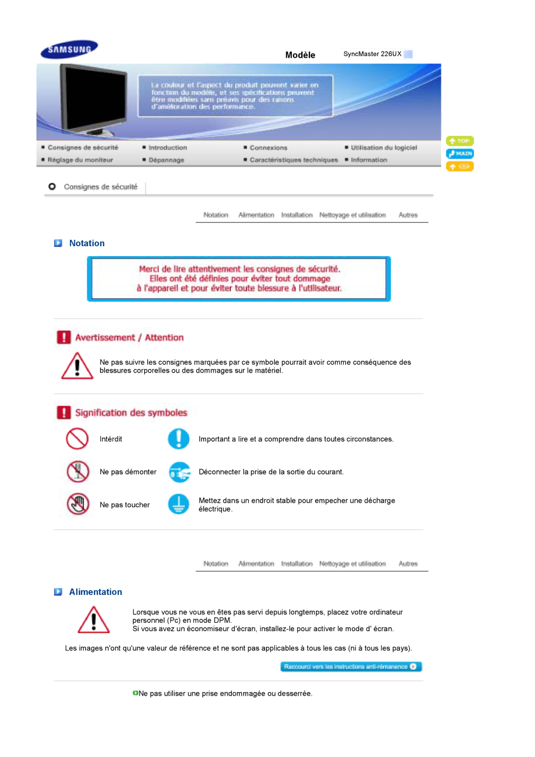 Samsung LS22MEPSF/EDC manual Notation, Alimentation 