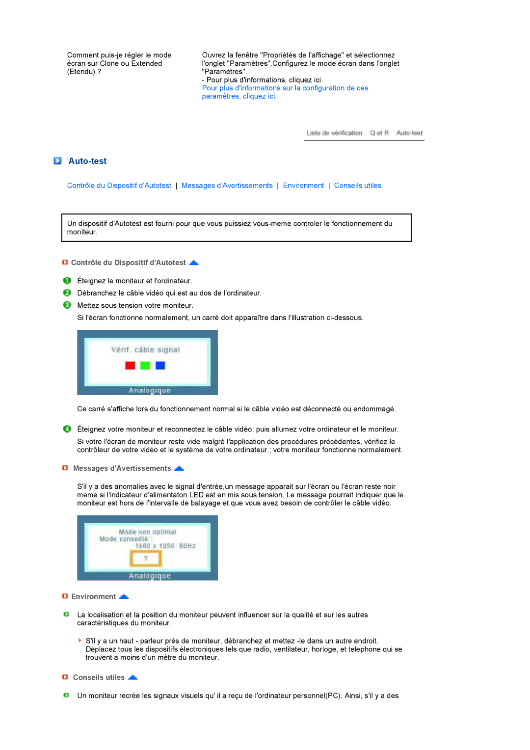 Samsung LS22MEPSF/EDC Auto-test, Contrôle du Dispositif dAutotest, Messages dAvertissements, Environment, Conseils utiles 