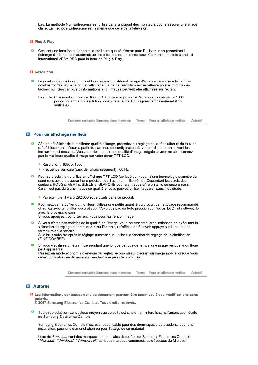 Samsung LS22MEPSF/EDC manual Pour un affichage meilleur, Autorité, Plug & Play, Résolution 