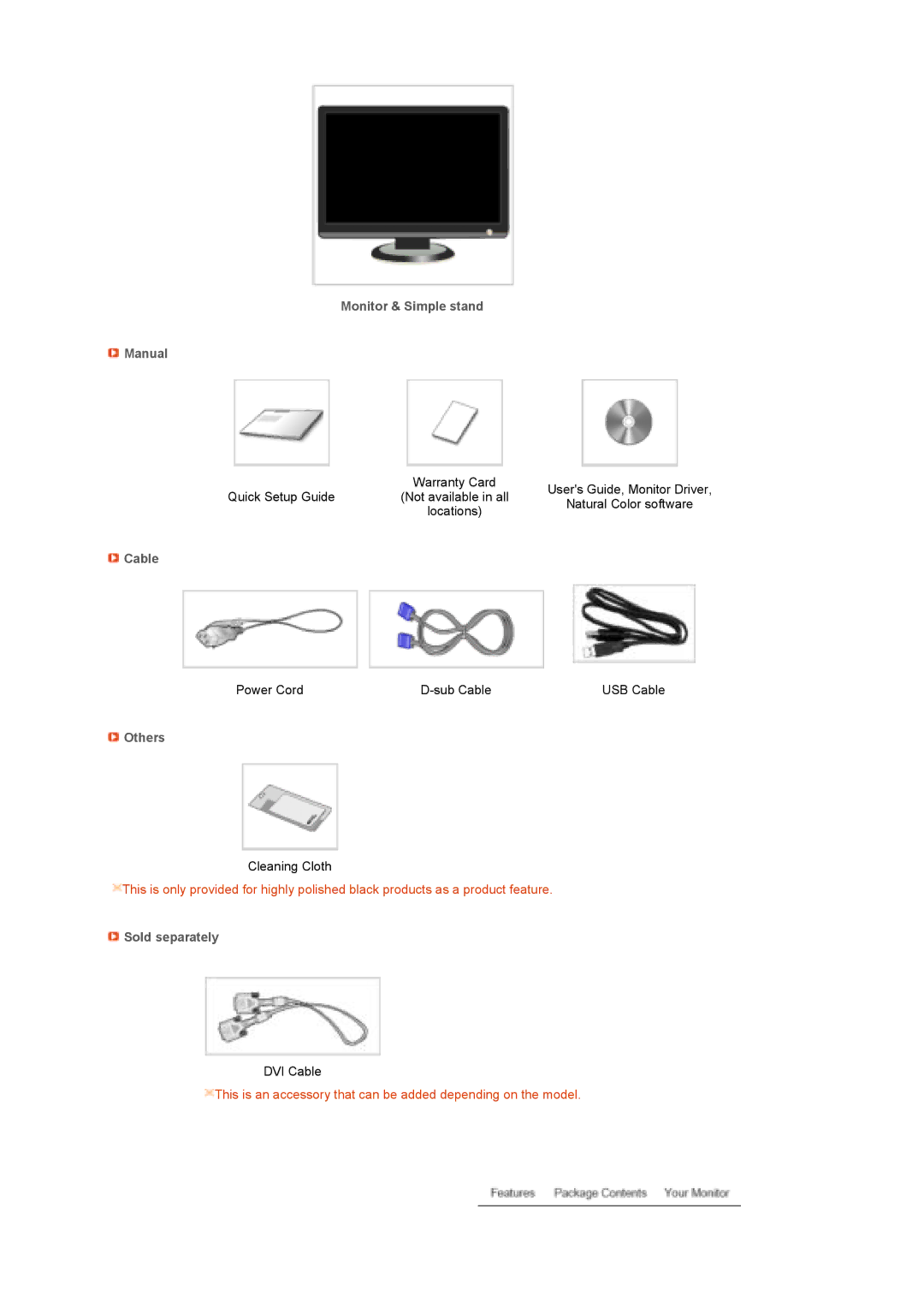 Samsung LS22MEPSF/EDC manual Monitor & Simple stand Manual, Cable, Others, Sold separately 