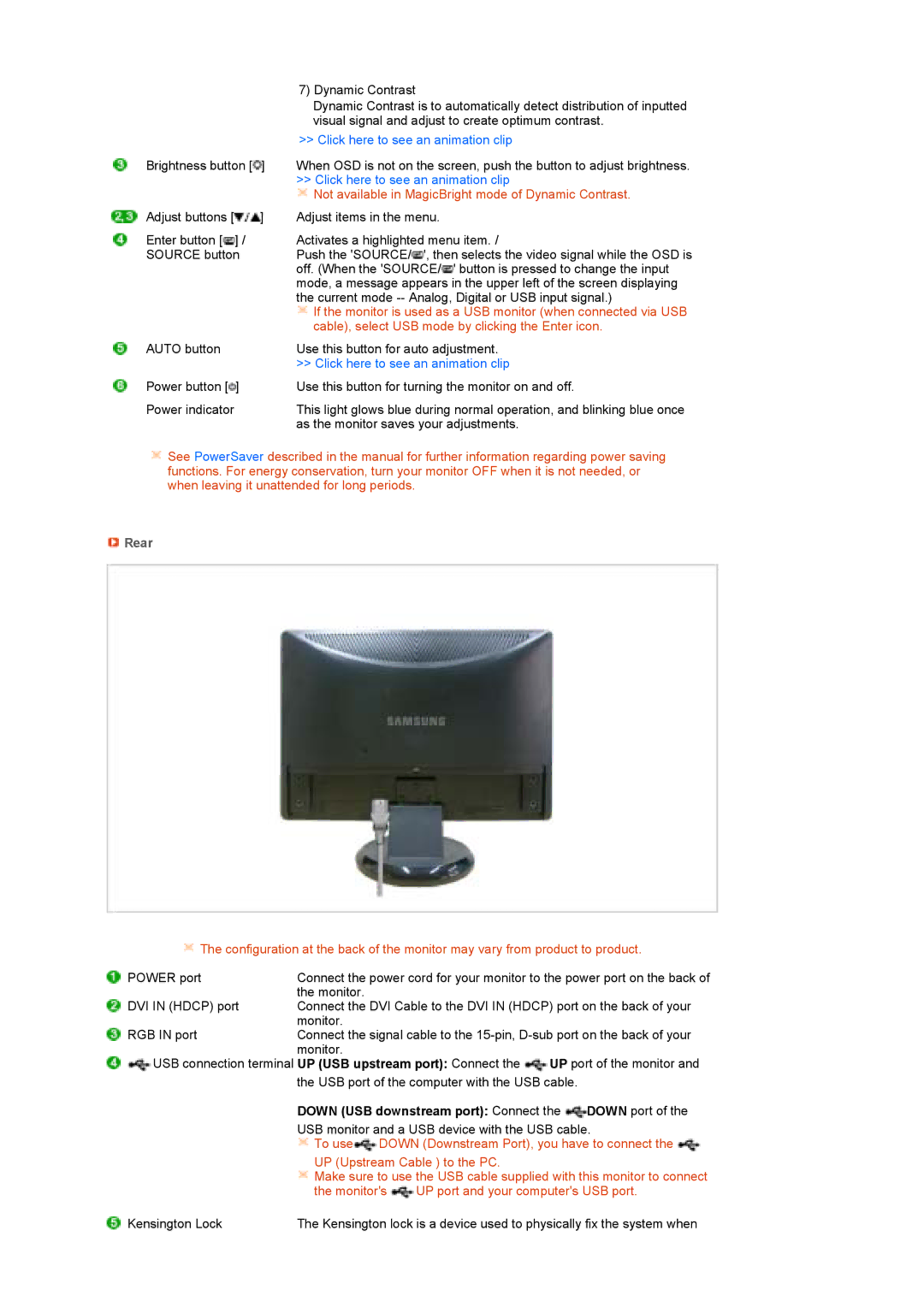 Samsung LS22MEPSF/EDC manual Not available in MagicBright mode of Dynamic Contrast, Rear 