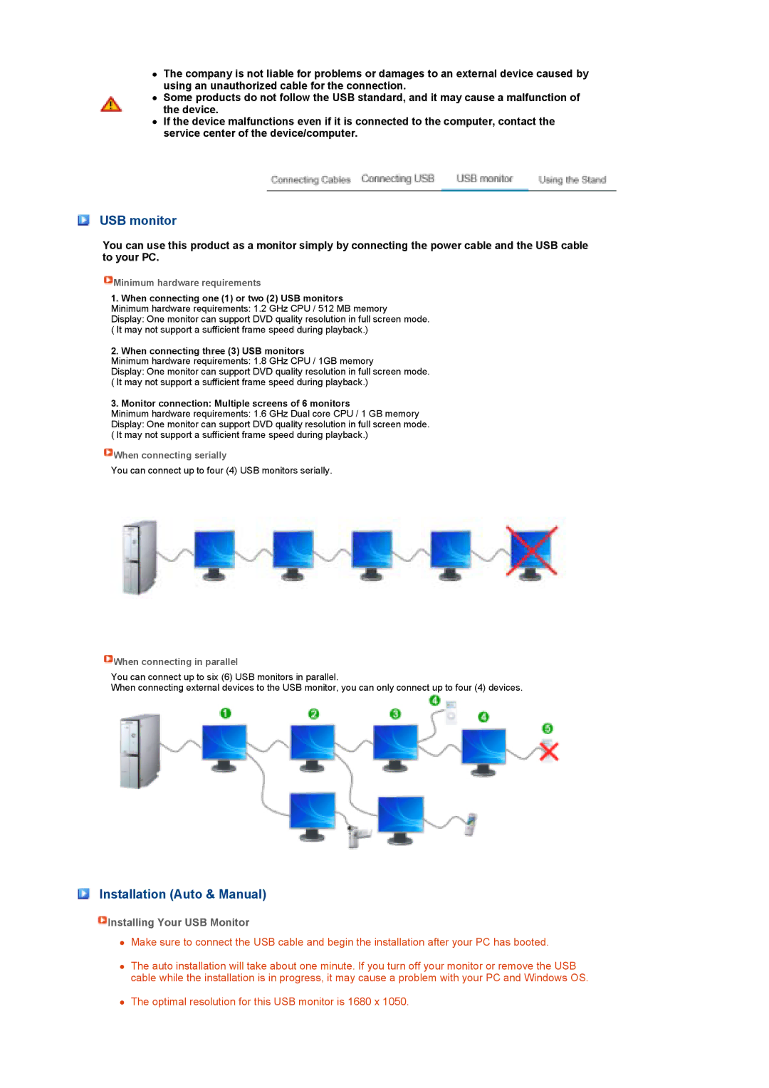 Samsung LS22MEPSF/EDC manual USB monitor, Installation Auto & Manual, Installing Your USB Monitor 