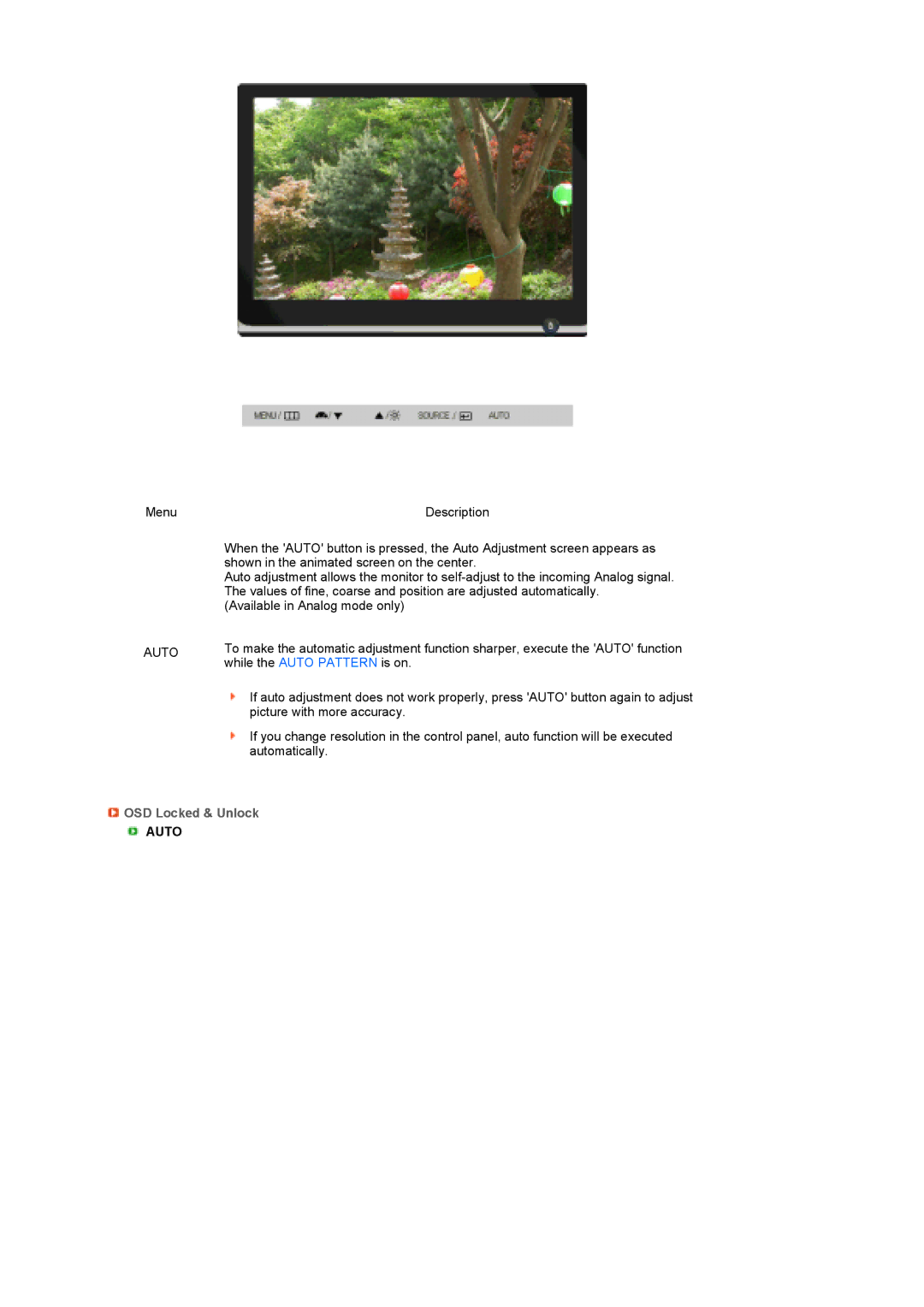 Samsung LS22MEPSF/EDC manual Auto, OSD Locked & Unlock 