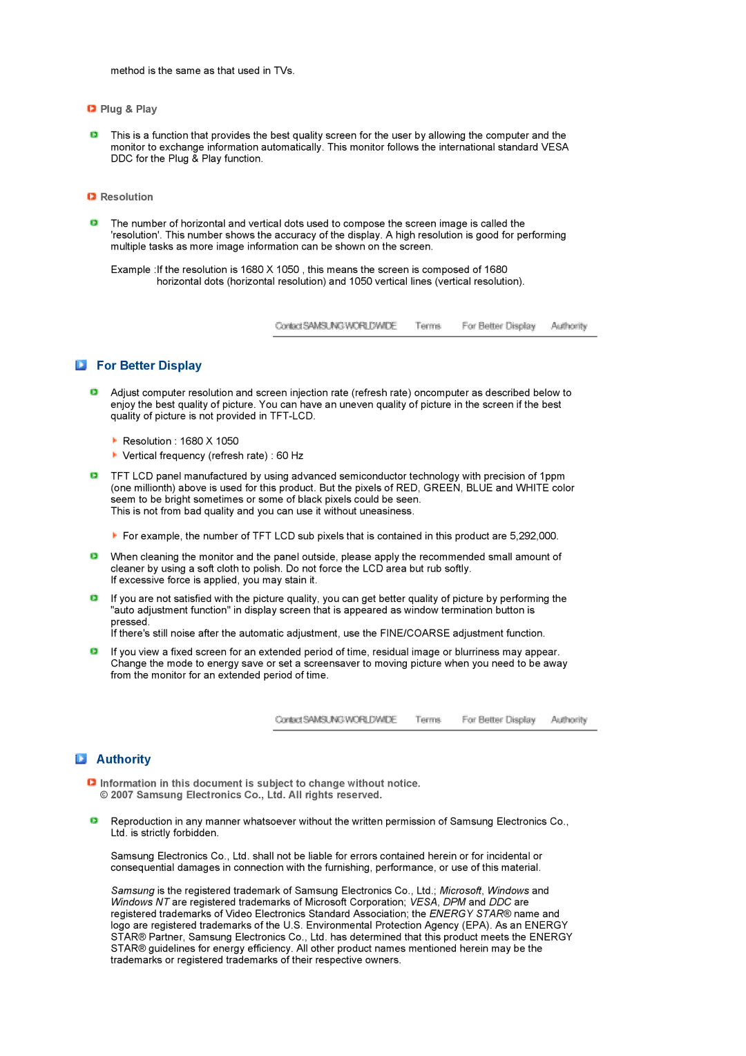 Samsung LS22MEPSF/EDC manual For Better Display, Authority, Plug & Play, Resolution 