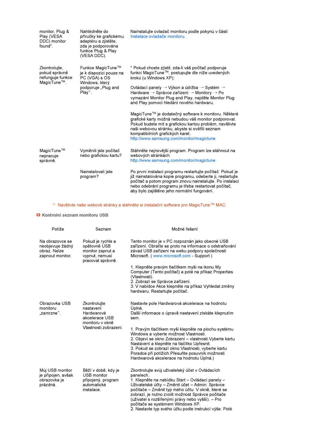 Samsung LS22MEPSF/EDC manual Vesa DDC, Kontrolní seznam monitoru USB 