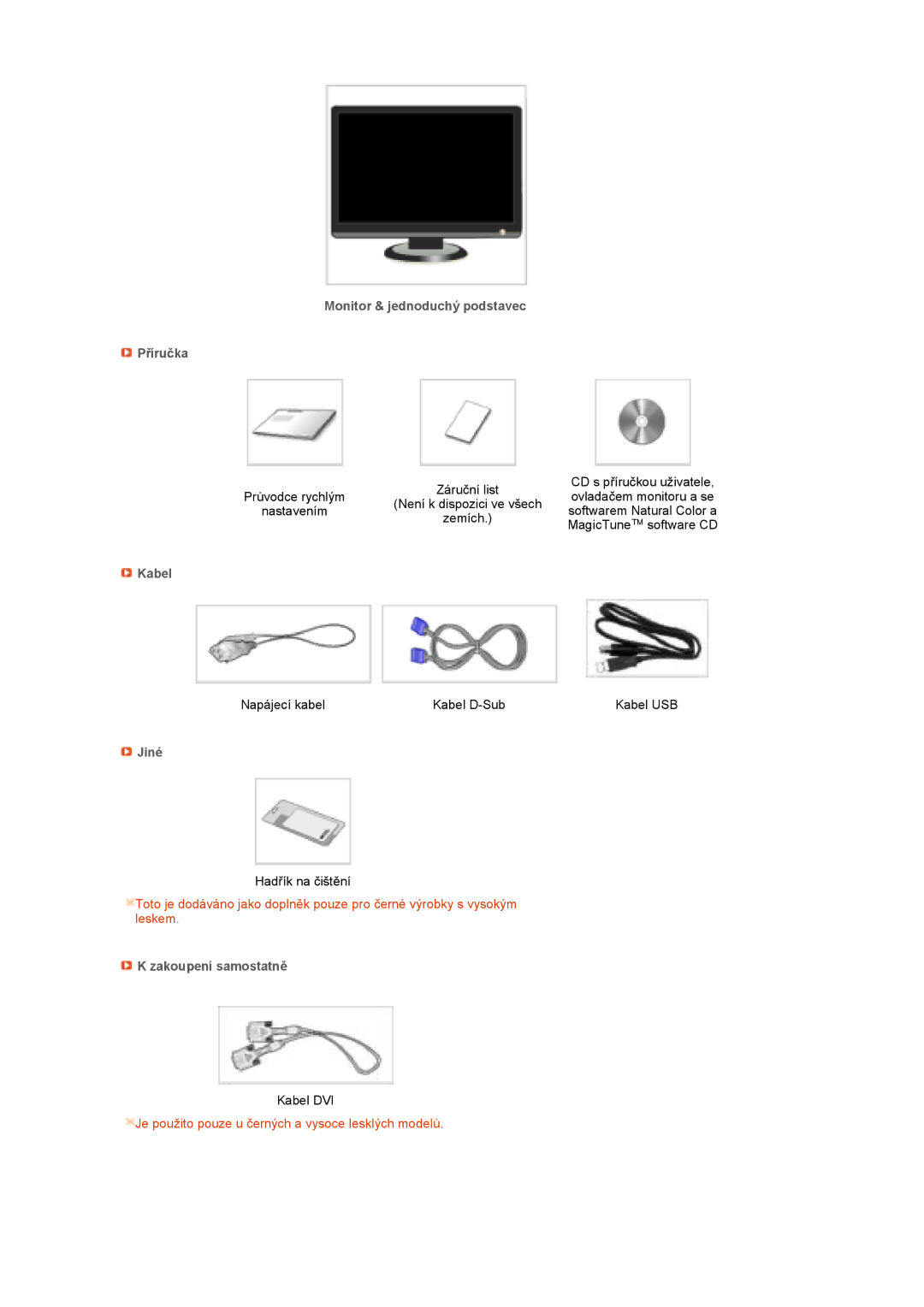 Samsung LS22MEPSF/EDC manual Monitor & jednoduchý podstavec Příručka, Kabel, Jiné, Zakoupení samostatně 