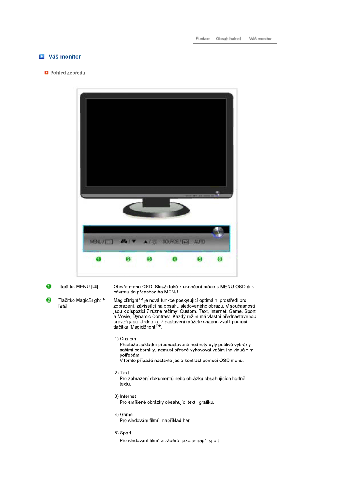 Samsung LS22MEPSF/EDC manual Váš monitor, Pohled zepředu 