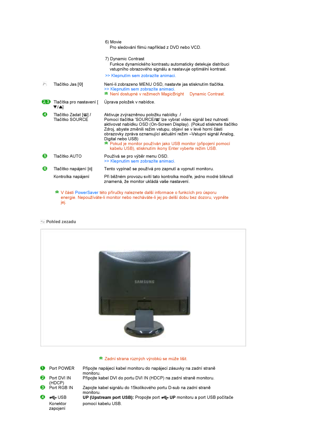 Samsung LS22MEPSF/EDC manual Není dostupné v režimech MagicBright Dynamic Contrast, Pohled zezadu 