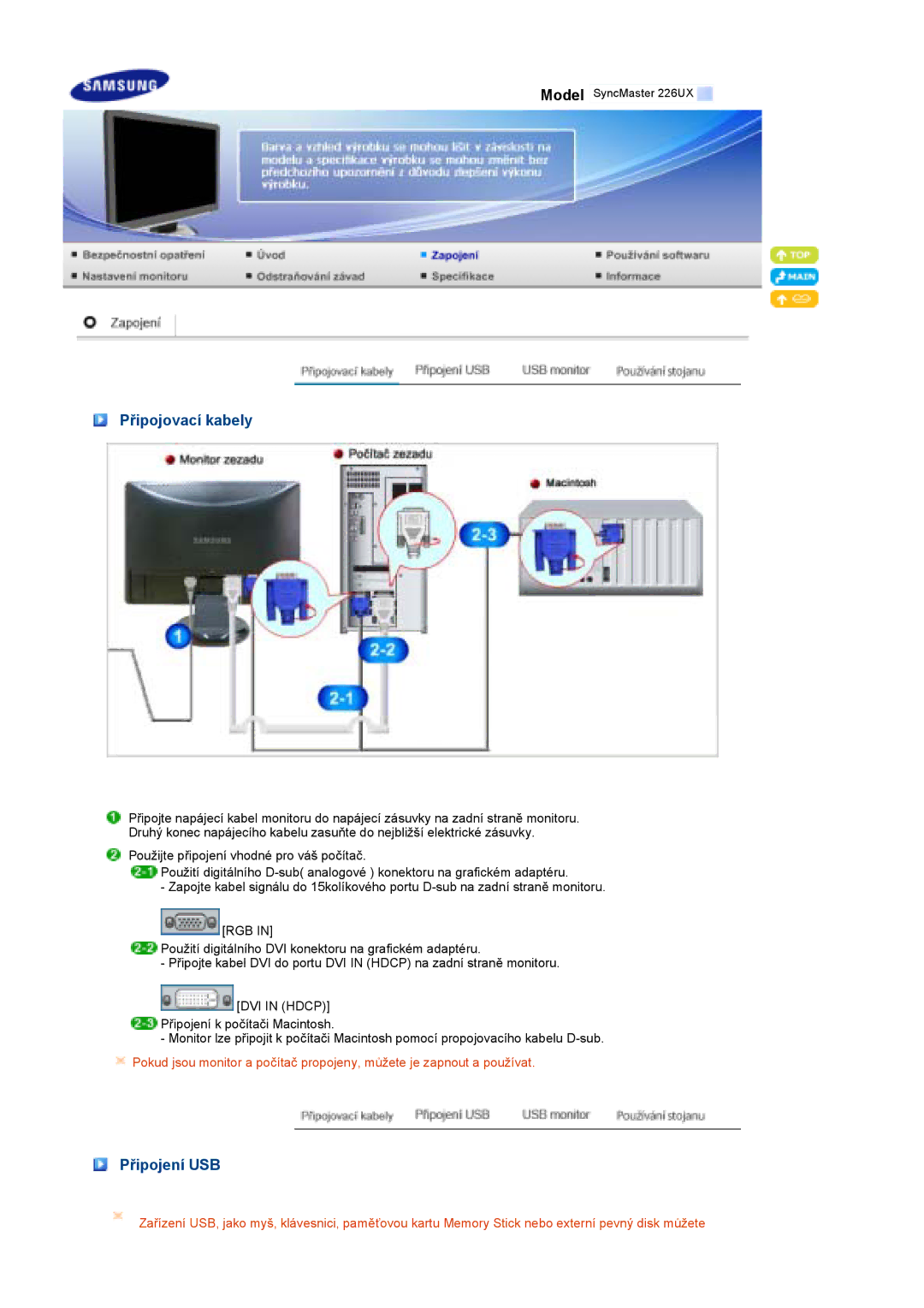 Samsung LS22MEPSF/EDC manual Připojovací kabely, Připojení USB 