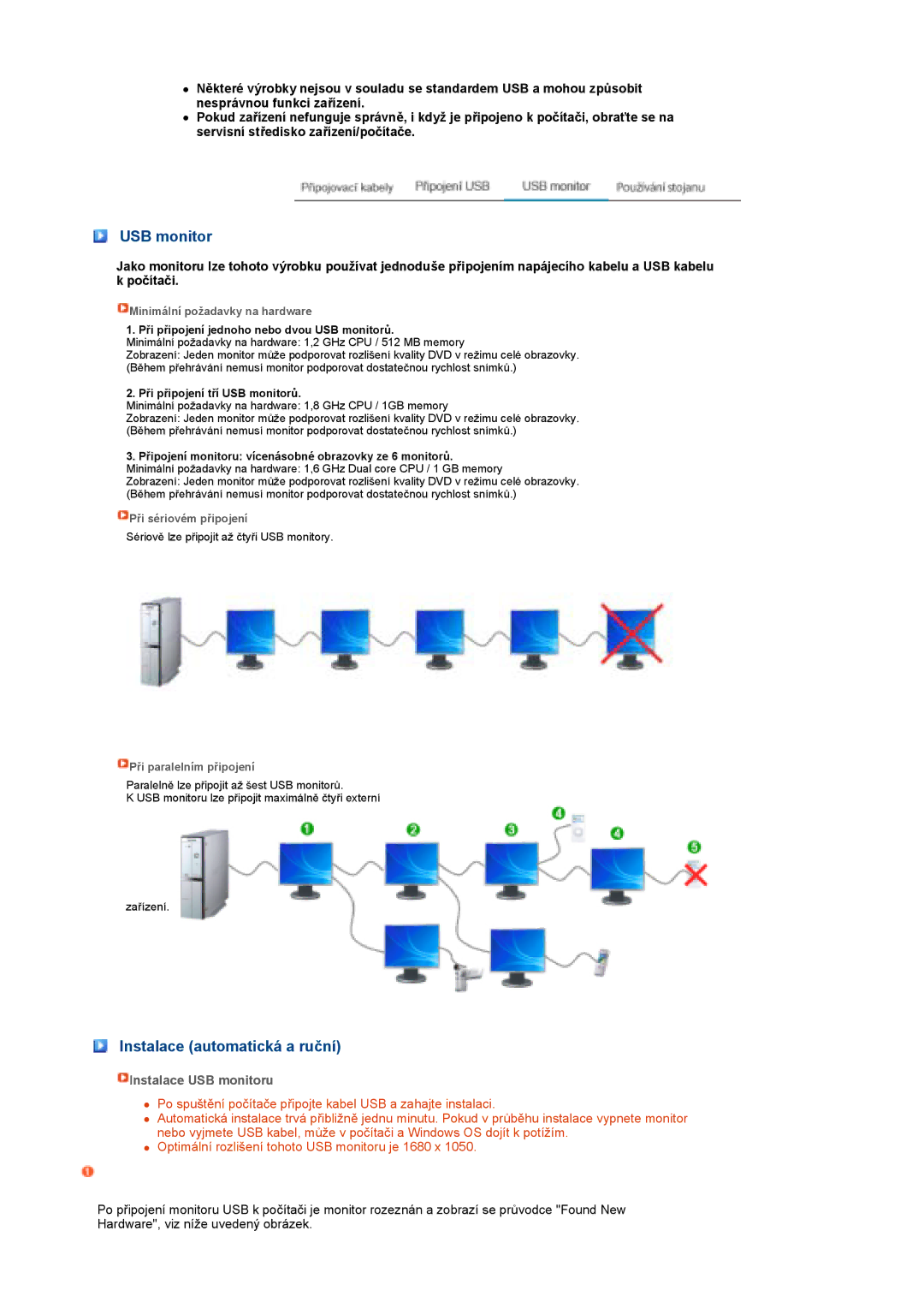 Samsung LS22MEPSF/EDC manual Instalace automatická a ruční, Instalace USB monitoru 