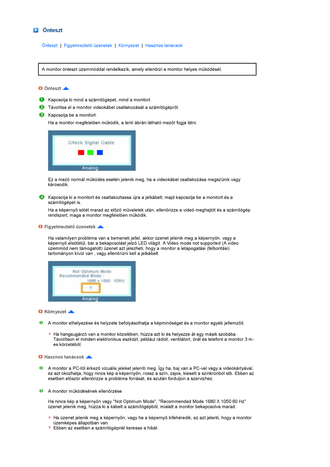 Samsung LS22MEPSF/EDC manual Önteszt, Figyelmeztető üzenetek, Környezet, Hasznos tanácsok 