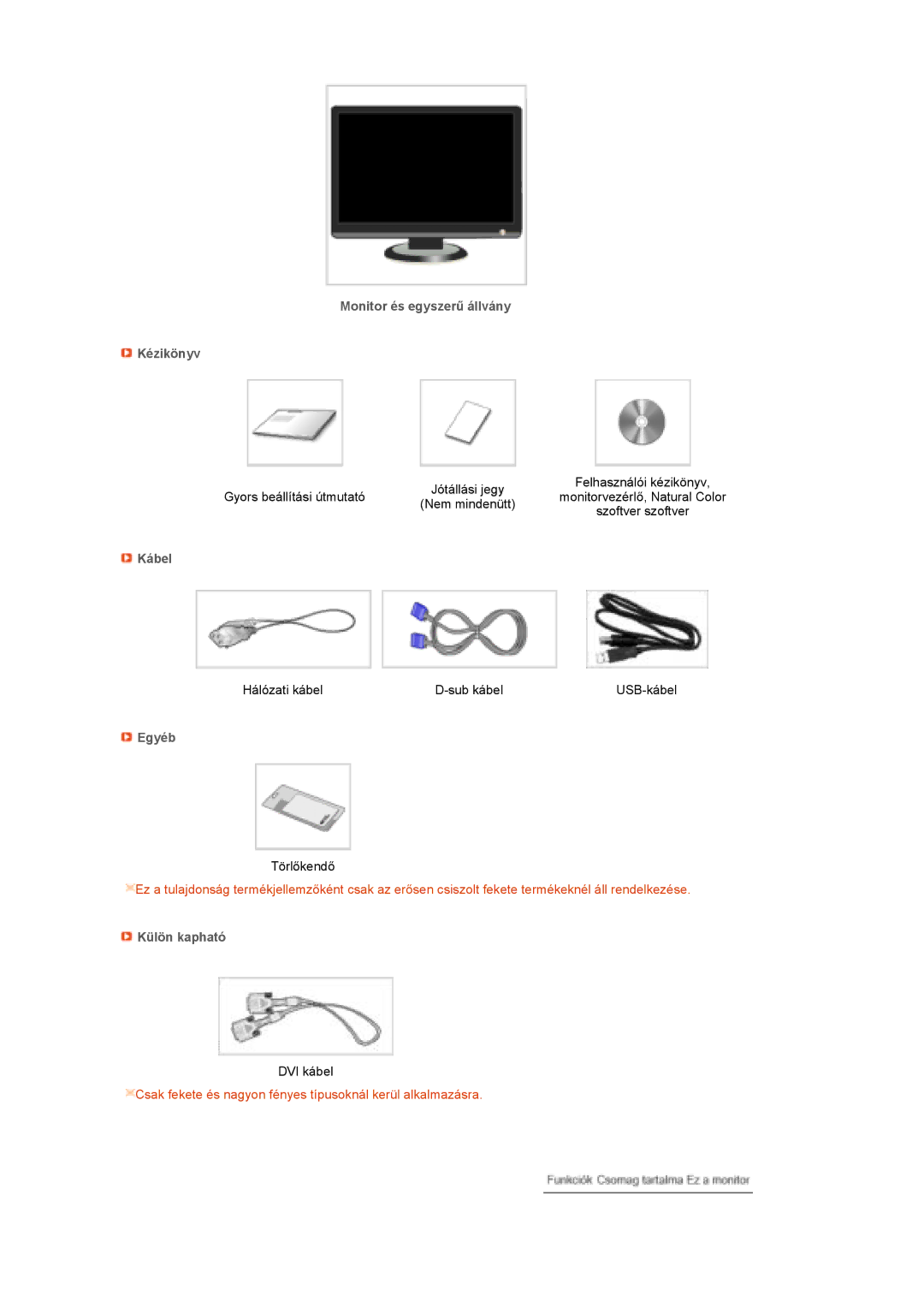 Samsung LS22MEPSF/EDC manual Monitor és egyszerű állvány Kézikönyv, Kábel, Egyéb, Külön kapható 