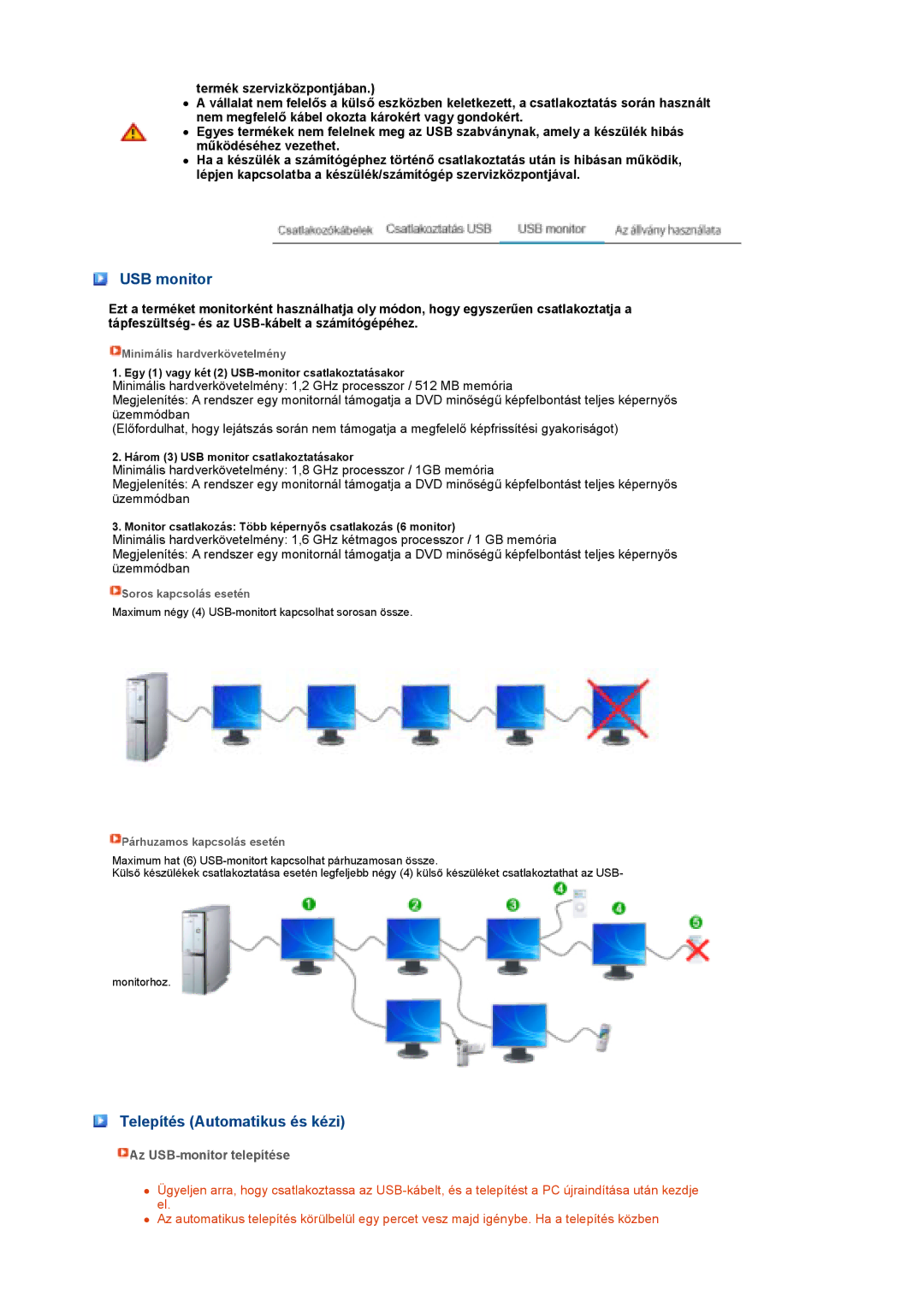 Samsung LS22MEPSF/EDC manual USB monitor, Telepítés Automatikus és kézi, Az USB-monitor telepítése 