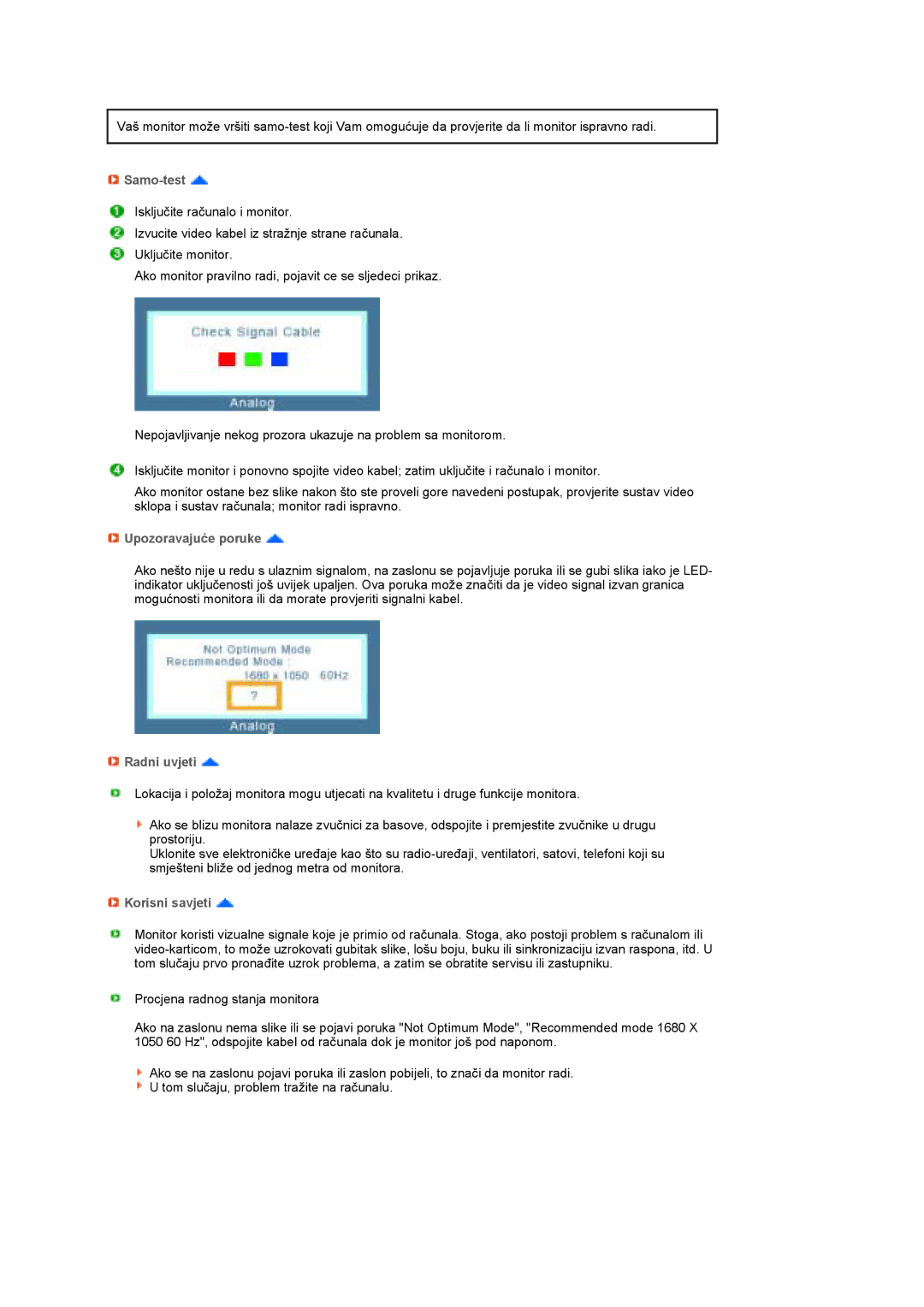 Samsung LS22MEPSF/EDC manual Samo-test, Upozoravajuće poruke, Radni uvjeti, Korisni savjeti 