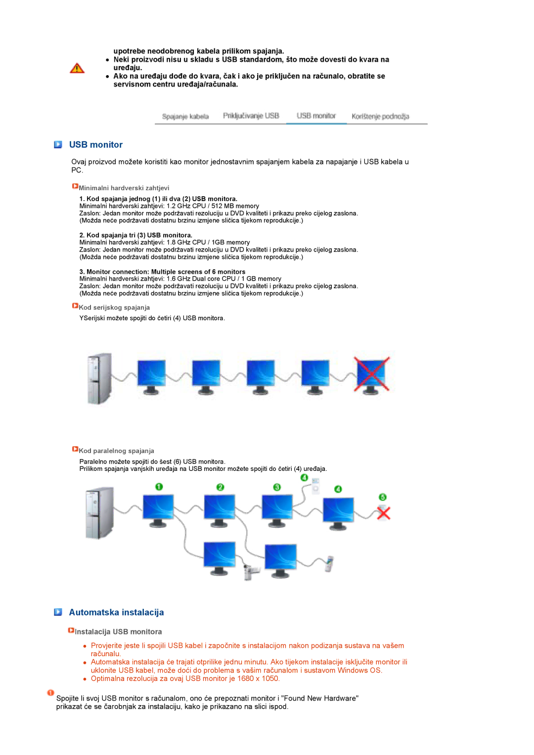 Samsung LS22MEPSF/EDC manual Automatska instalacija, Instalacija USB monitora 