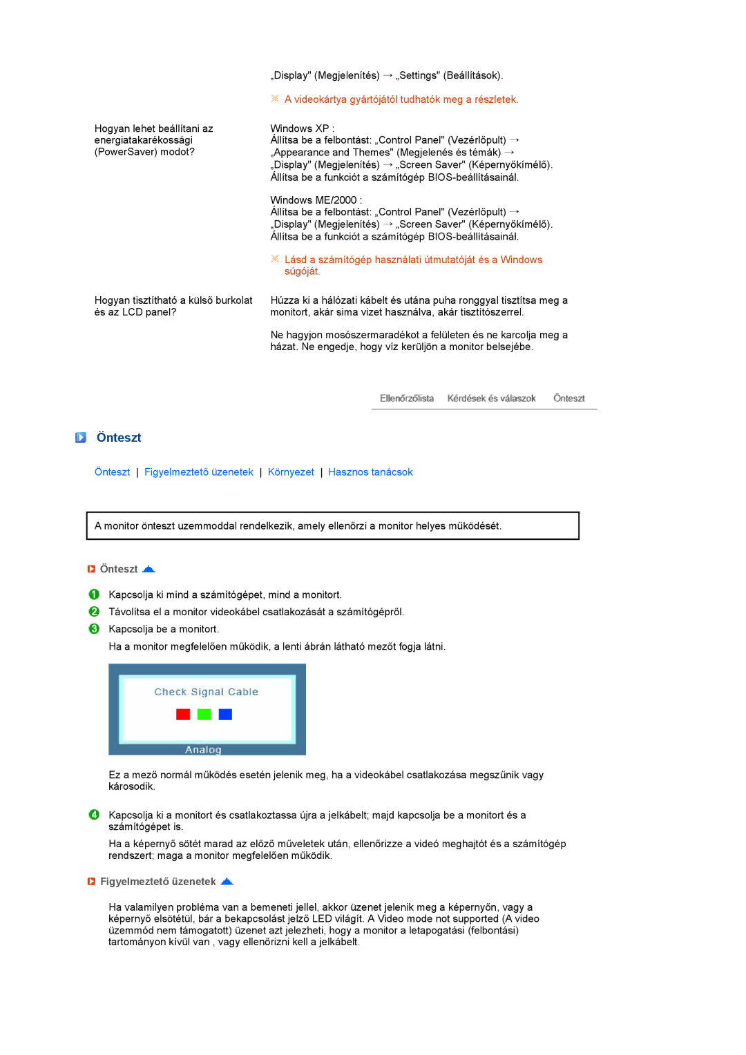 Samsung LS22MEVSFV/EDC, LS22MEVSFV/TRU manual Önteszt, Figyelmeztető üzenetek 