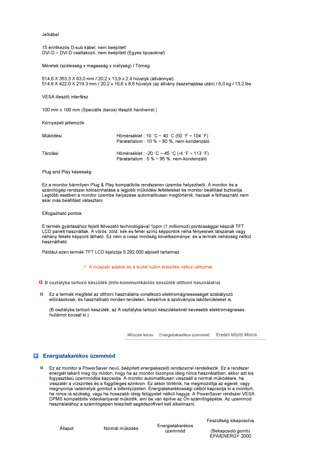 Samsung LS22MEVSFV/TRU, LS22MEVSFV/EDC manual Energiatakarékos üzemmód, Epa/Energy 