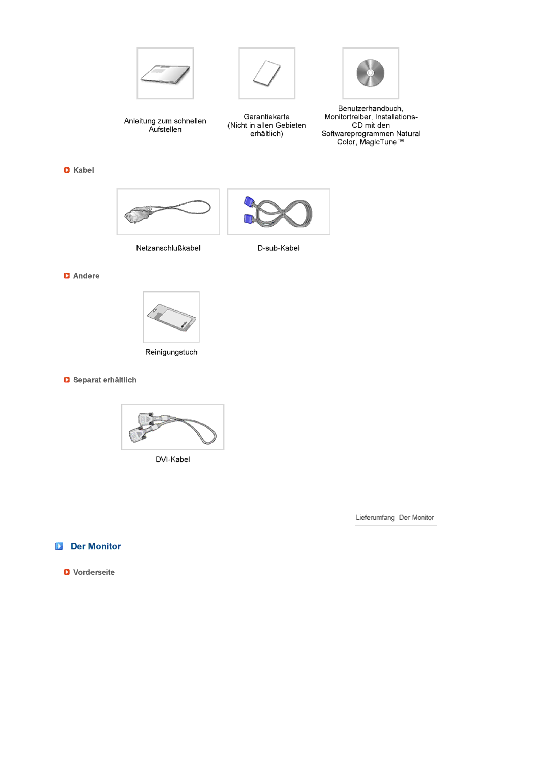 Samsung LS22MEVSFV/EDC manual Der Monitor, Kabel, Andere, Separat erhältlich, Vorderseite 