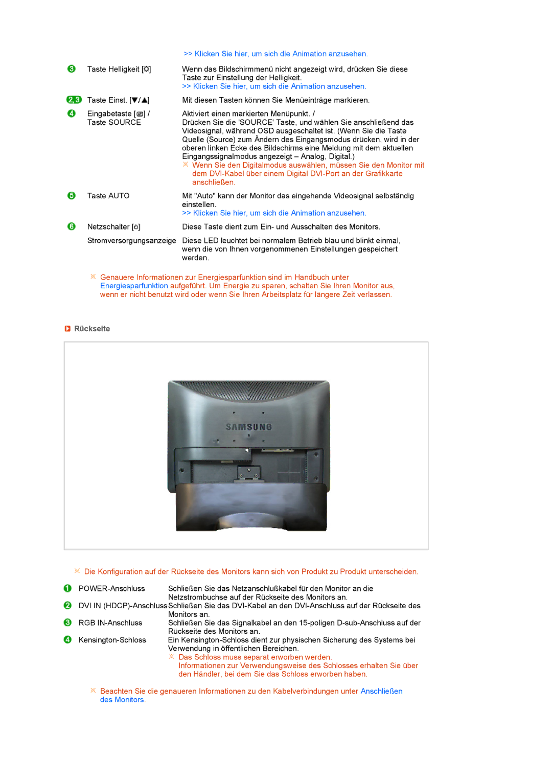 Samsung LS22MEVSFV/EDC manual Klicken Sie hier, um sich die Animation anzusehen, Rückseite 