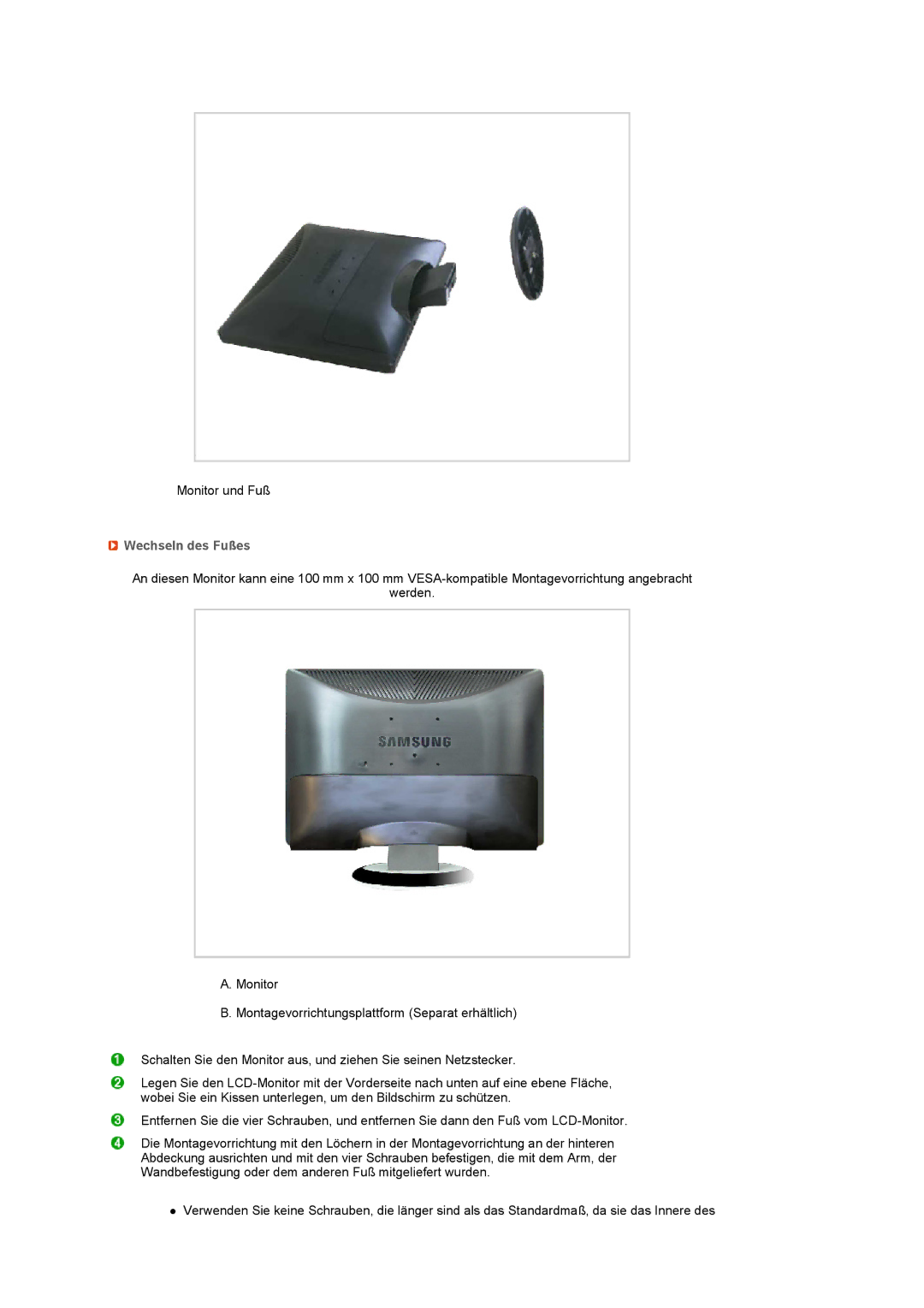 Samsung LS22MEVSFV/EDC manual Wechseln des Fußes 