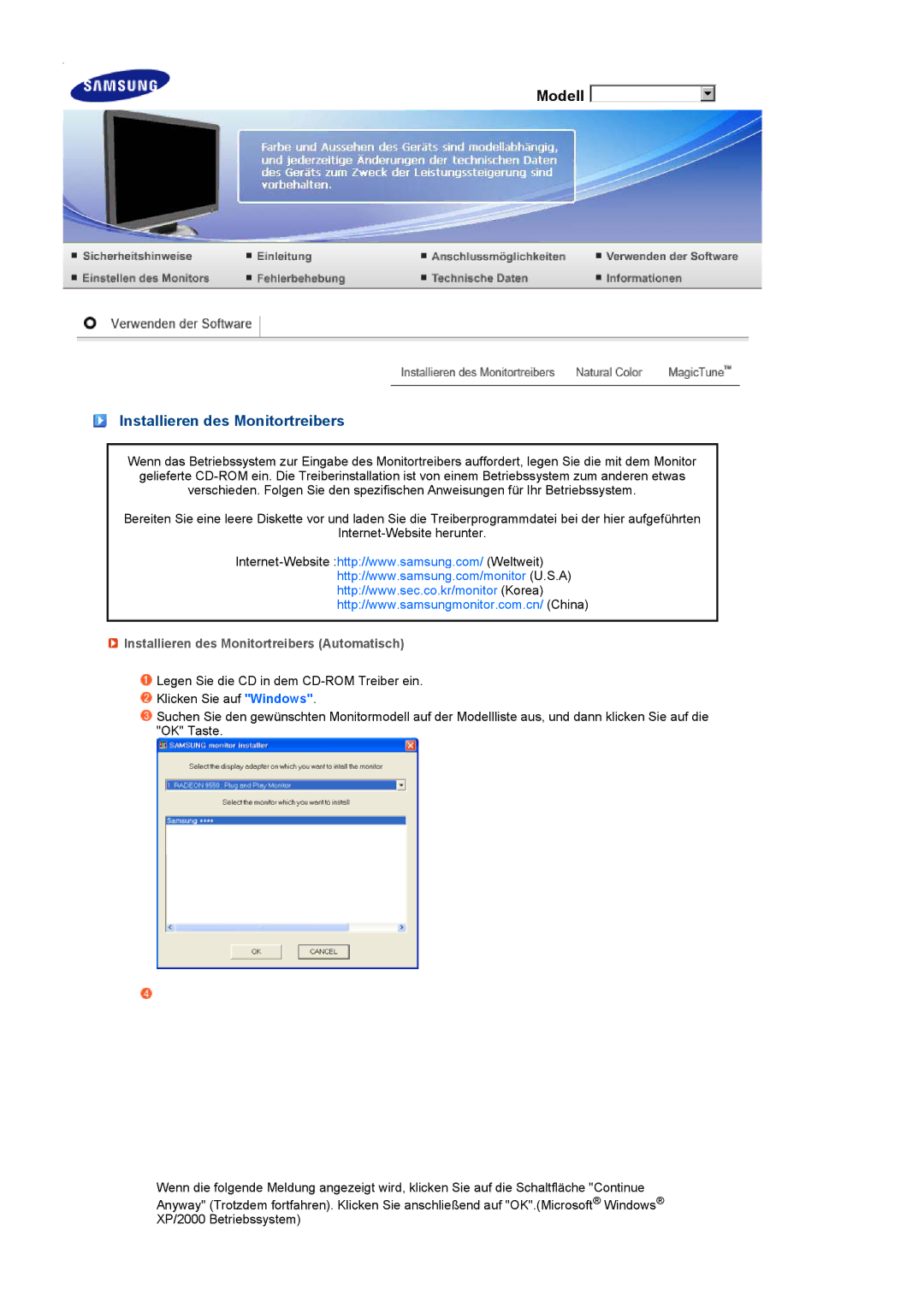 Samsung LS22MEVSFV/EDC manual Installieren des Monitortreibers Automatisch 