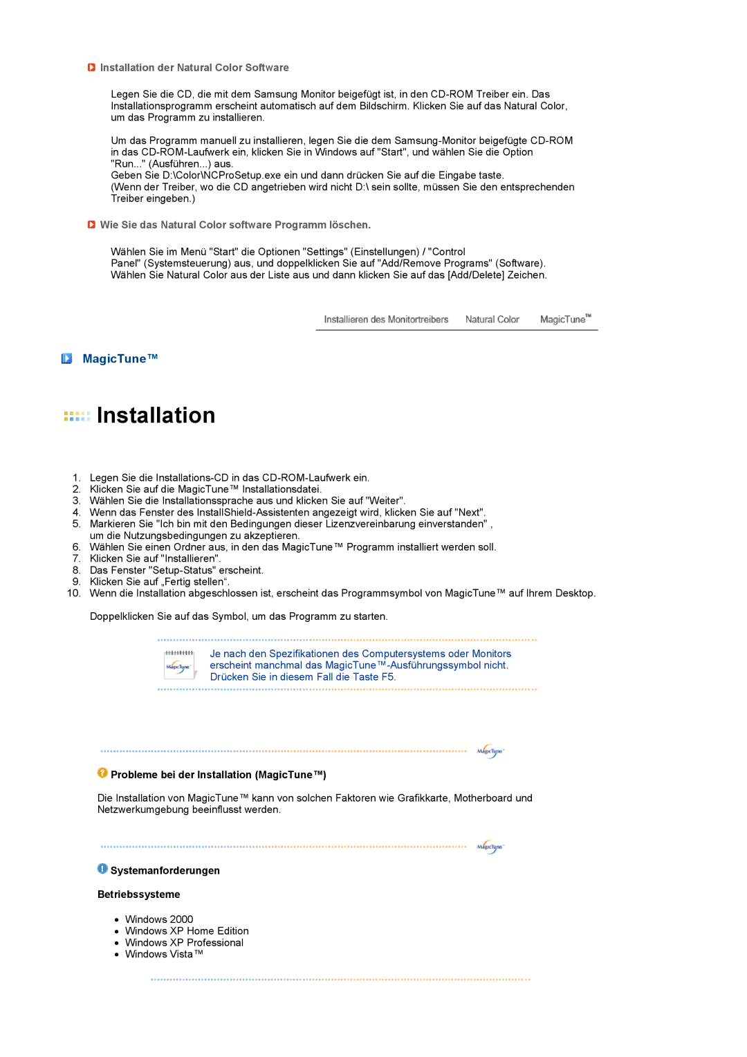 Samsung LS22MEVSFV/EDC manual MagicTune, Installation der Natural Color Software 