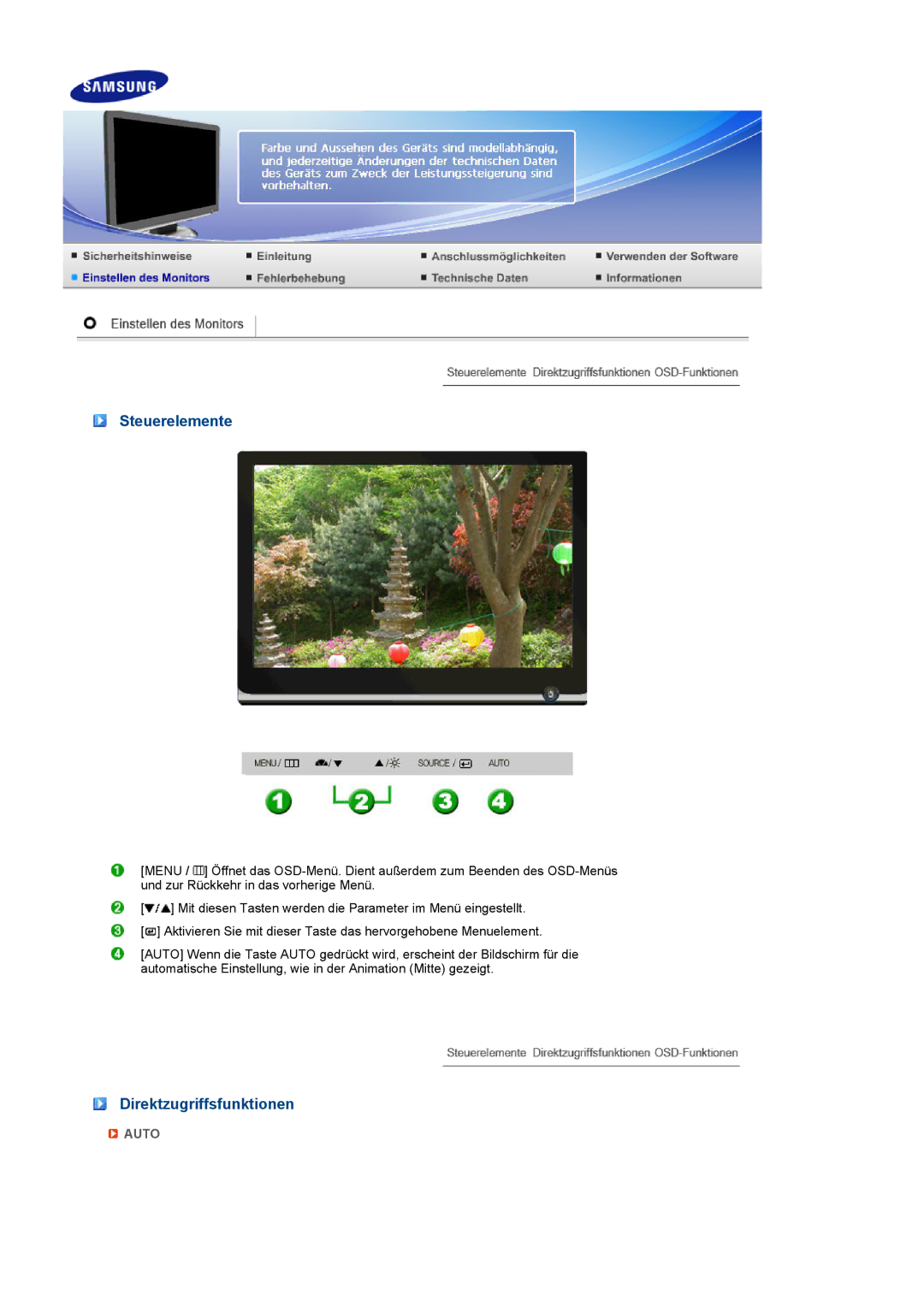 Samsung LS22MEVSFV/EDC manual Steuerelemente, Direktzugriffsfunktionen 