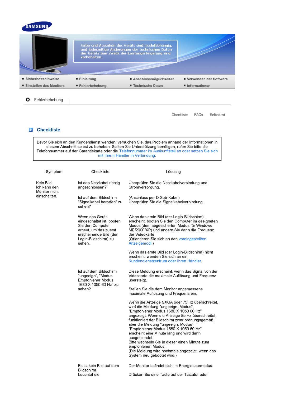 Samsung LS22MEVSFV/EDC manual Checkliste, Kundendienstzentrum oder Ihren Händler 