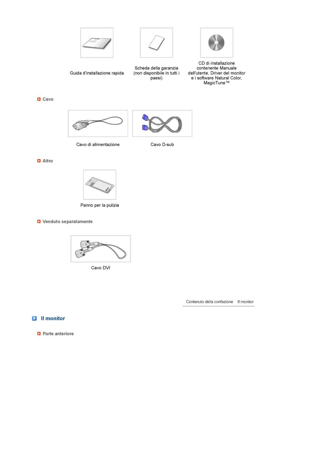 Samsung LS22MEVSFV/EDC manual Il monitor, Cavo, Altro, Venduto separatamente, Parte anteriore 