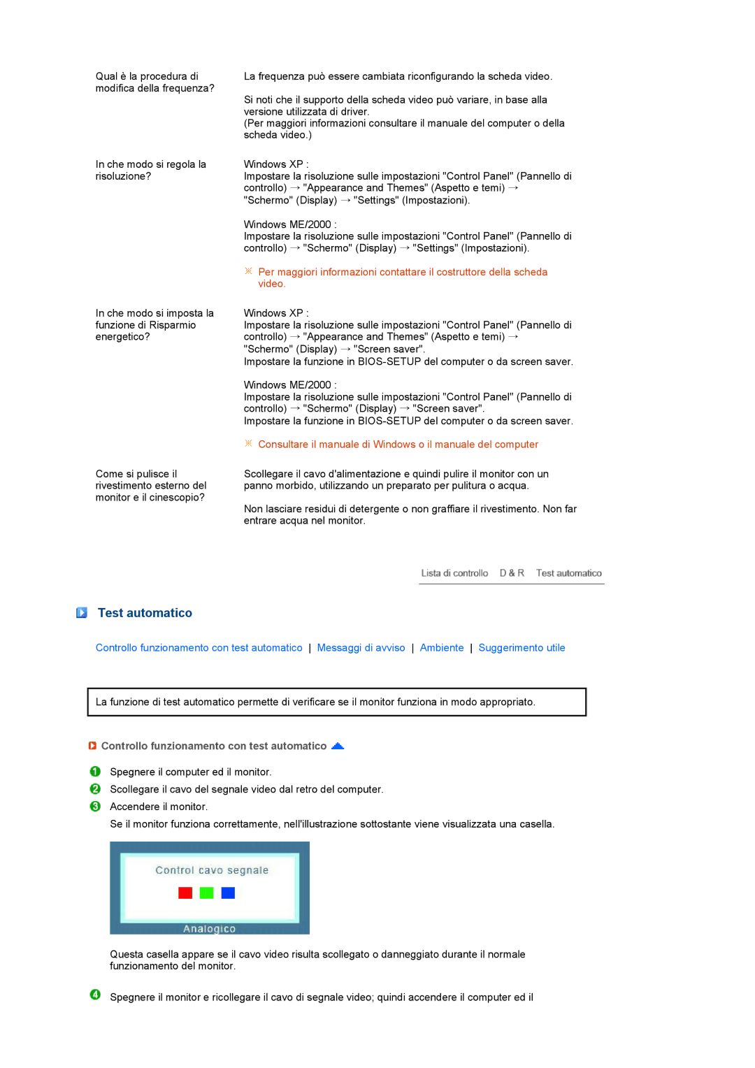 Samsung LS22MEVSFV/EDC manual Test automatico, Controllo funzionamento con test automatico 