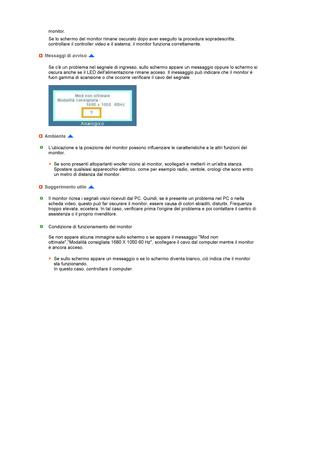 Samsung LS22MEVSFV/EDC manual Messaggi di avviso, Ambiente, Suggerimento utile 