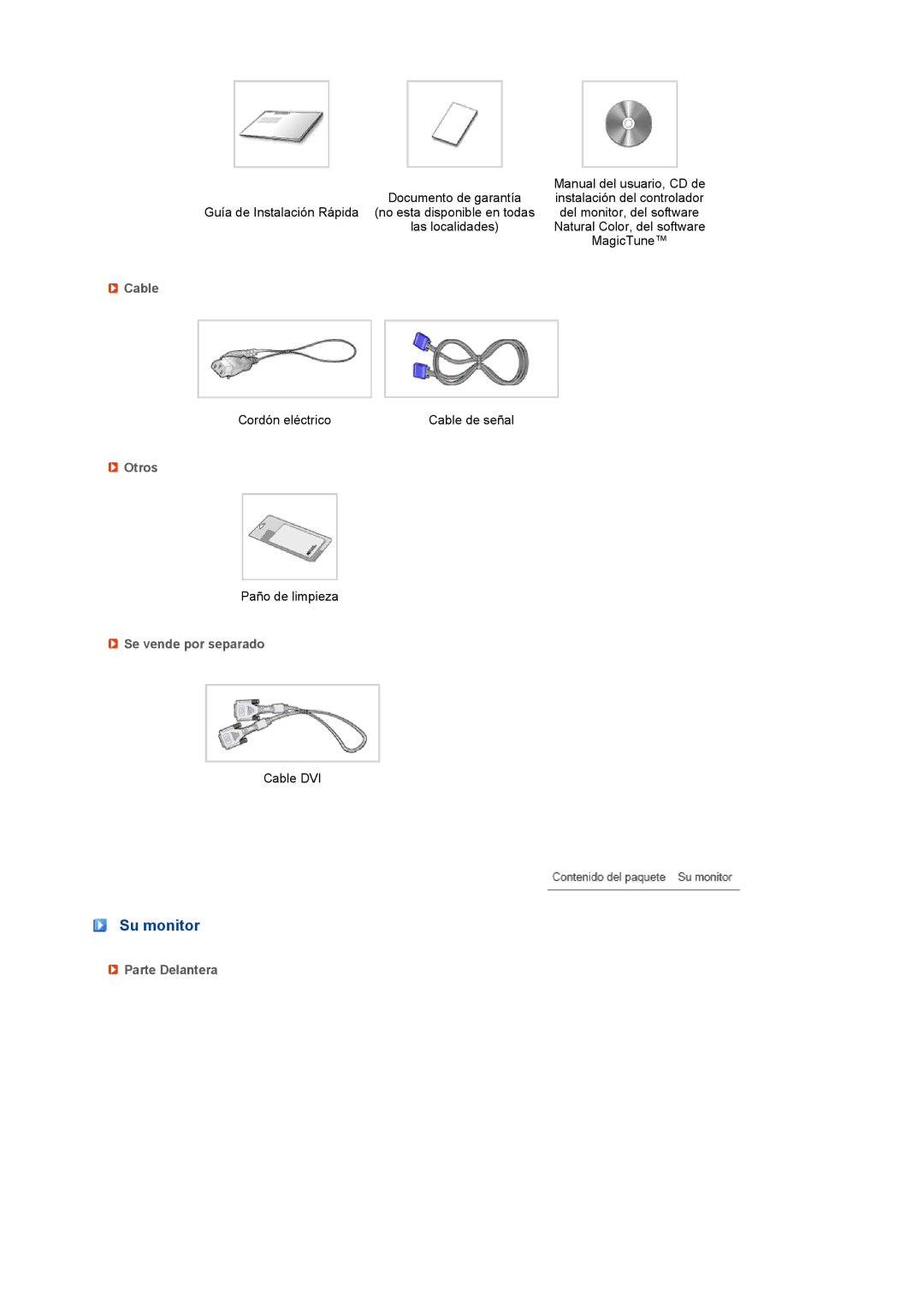 Samsung LS22MEVSFV/EDC manual Su monitor, Cable, Otros, Se vende por separado, Parte Delantera 