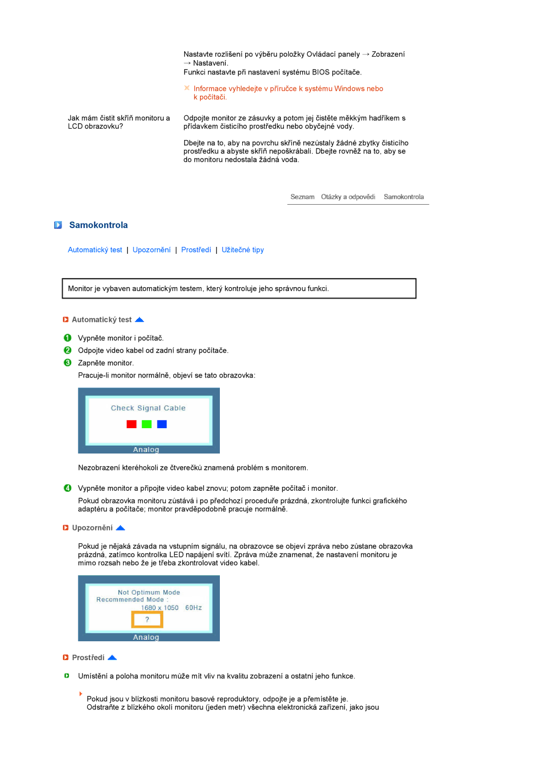 Samsung LS22MEVSFV/EDC manual Samokontrola, Automatický test, Upozornění, Prostředí 