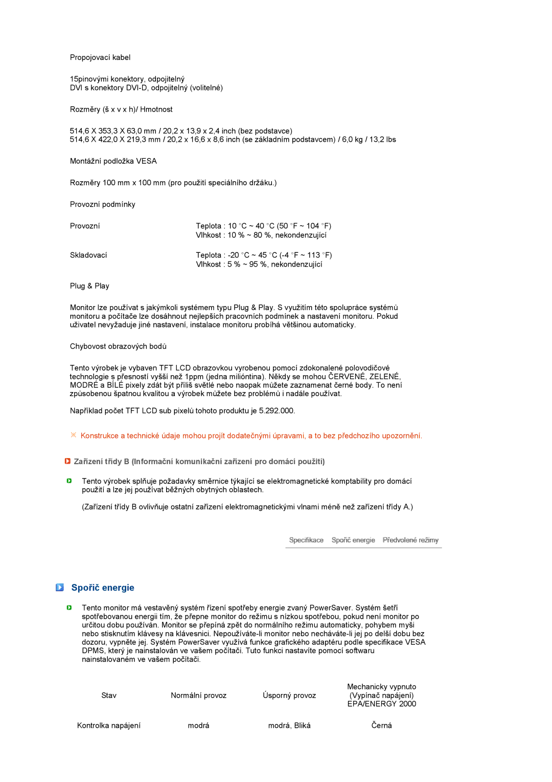 Samsung LS22MEVSFV/EDC manual Spořič energie, Epa/Energy 