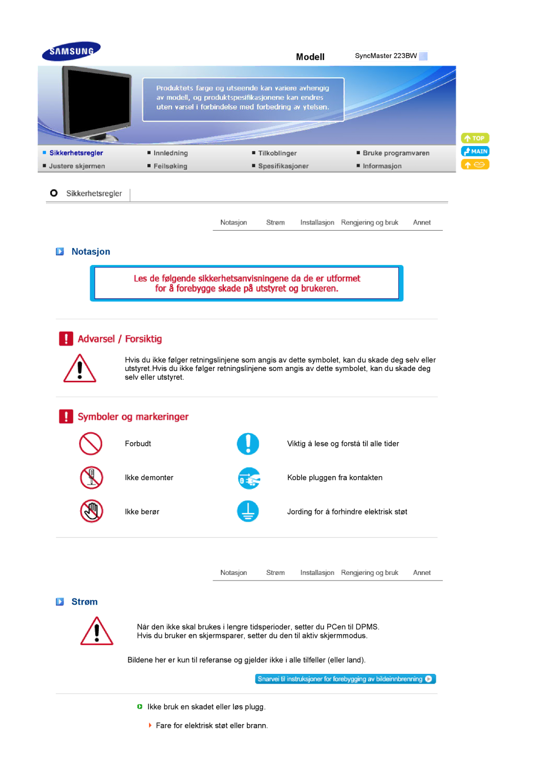 Samsung LS22MEVSFV/EDC manual Notasjon, Strøm 