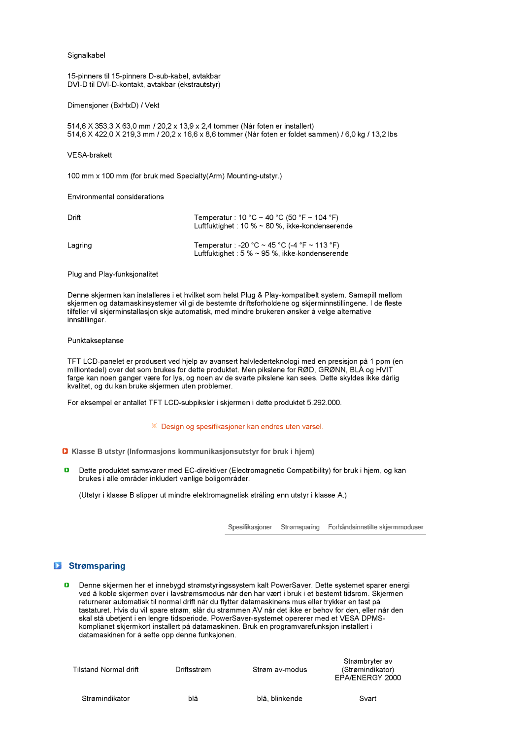 Samsung LS22MEVSFV/EDC manual Strømsparing, Epa/Energy 