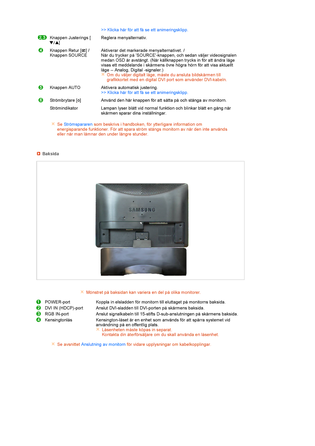 Samsung LS22MEVSFV/EDC manual Baksida, Mönstret på baksidan kan variera en del på olika monitorer 