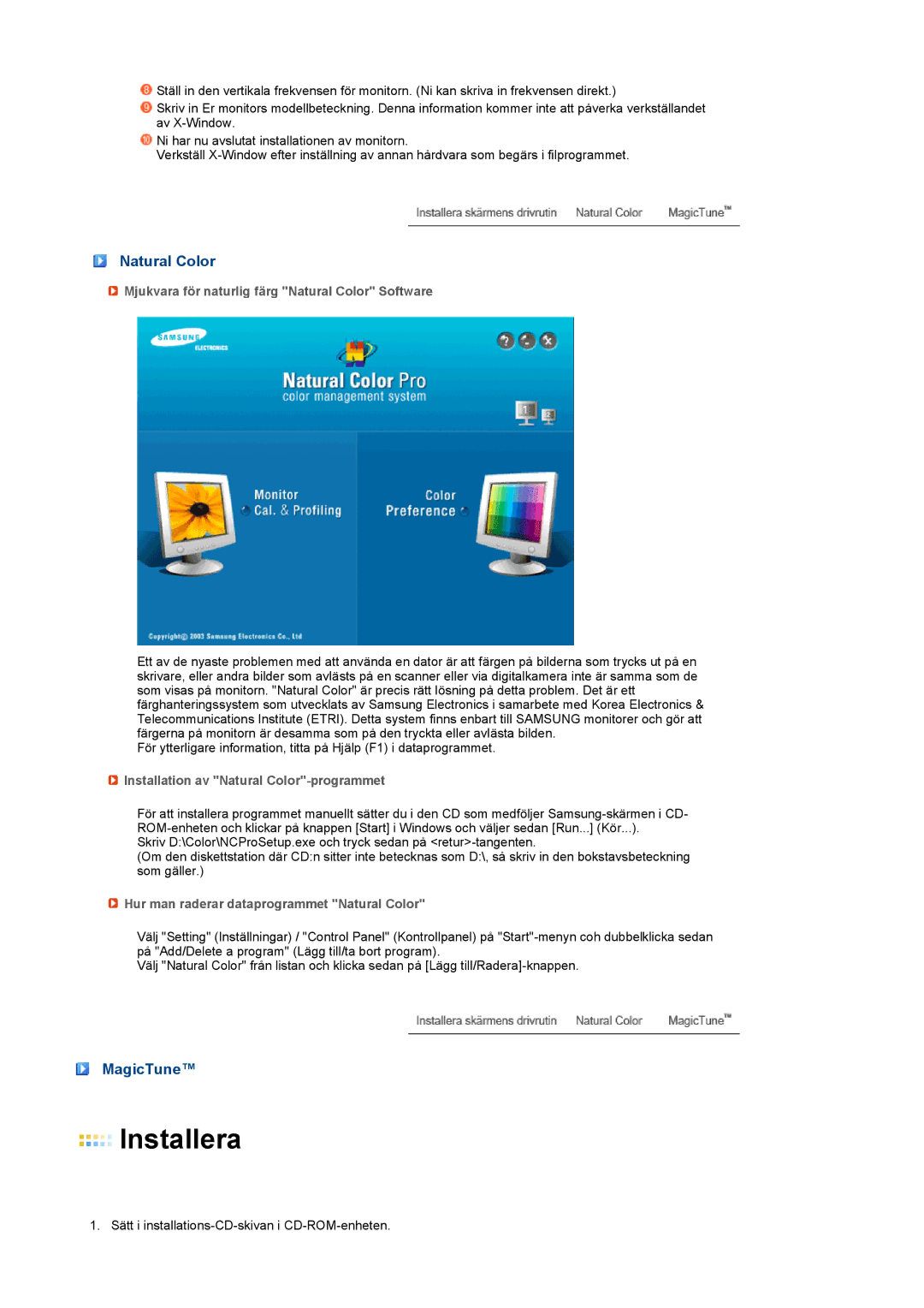 Samsung LS22MEVSFV/EDC manual MagicTune, Mjukvara för naturlig färg Natural Color Software 