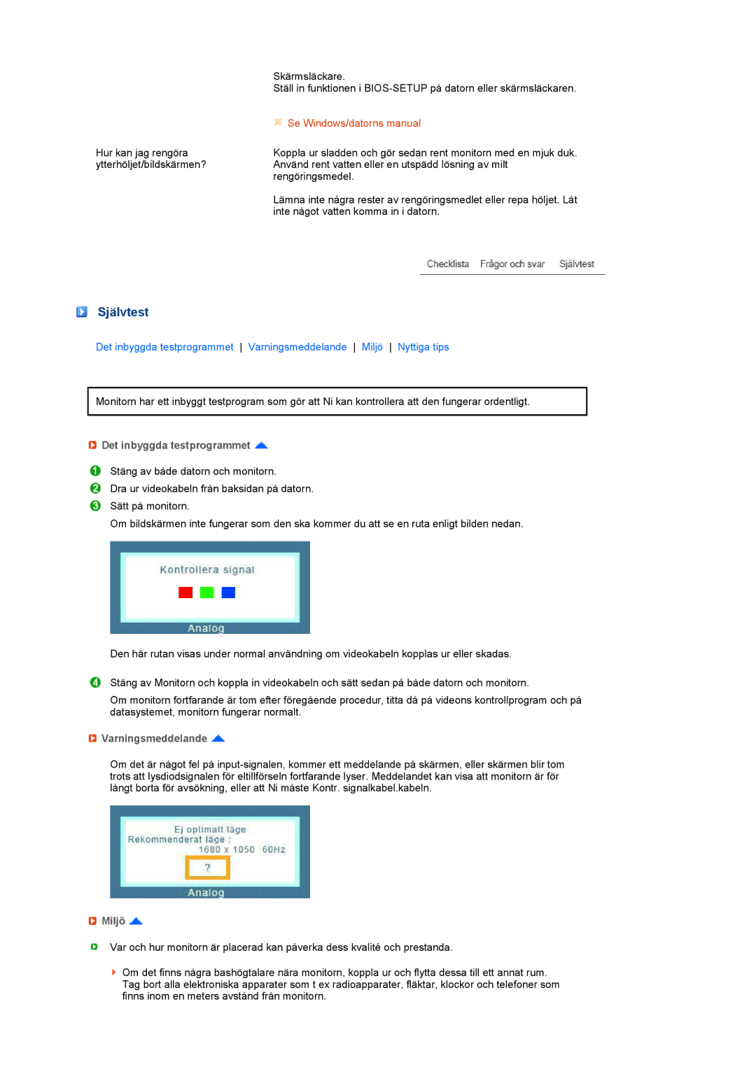 Samsung LS22MEVSFV/EDC manual Självtest, Det inbyggda testprogrammet, Varningsmeddelande, Miljö 