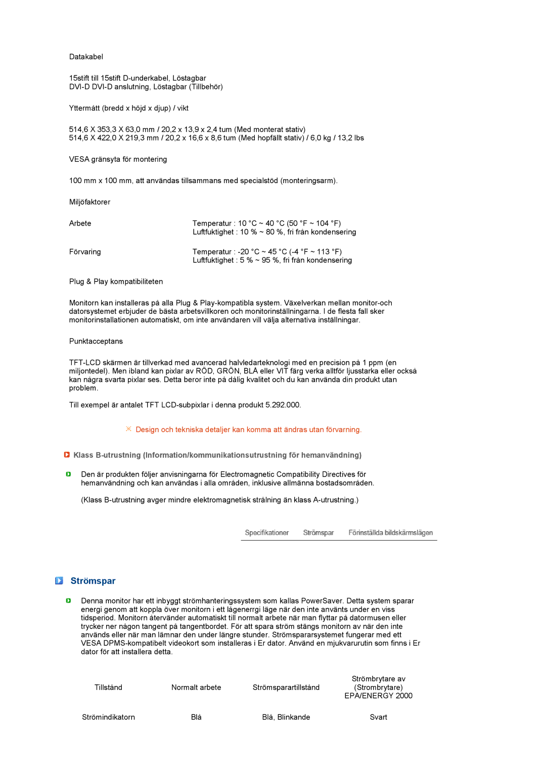 Samsung LS22MEVSFV/EDC manual Strömspar, Epa/Energy 