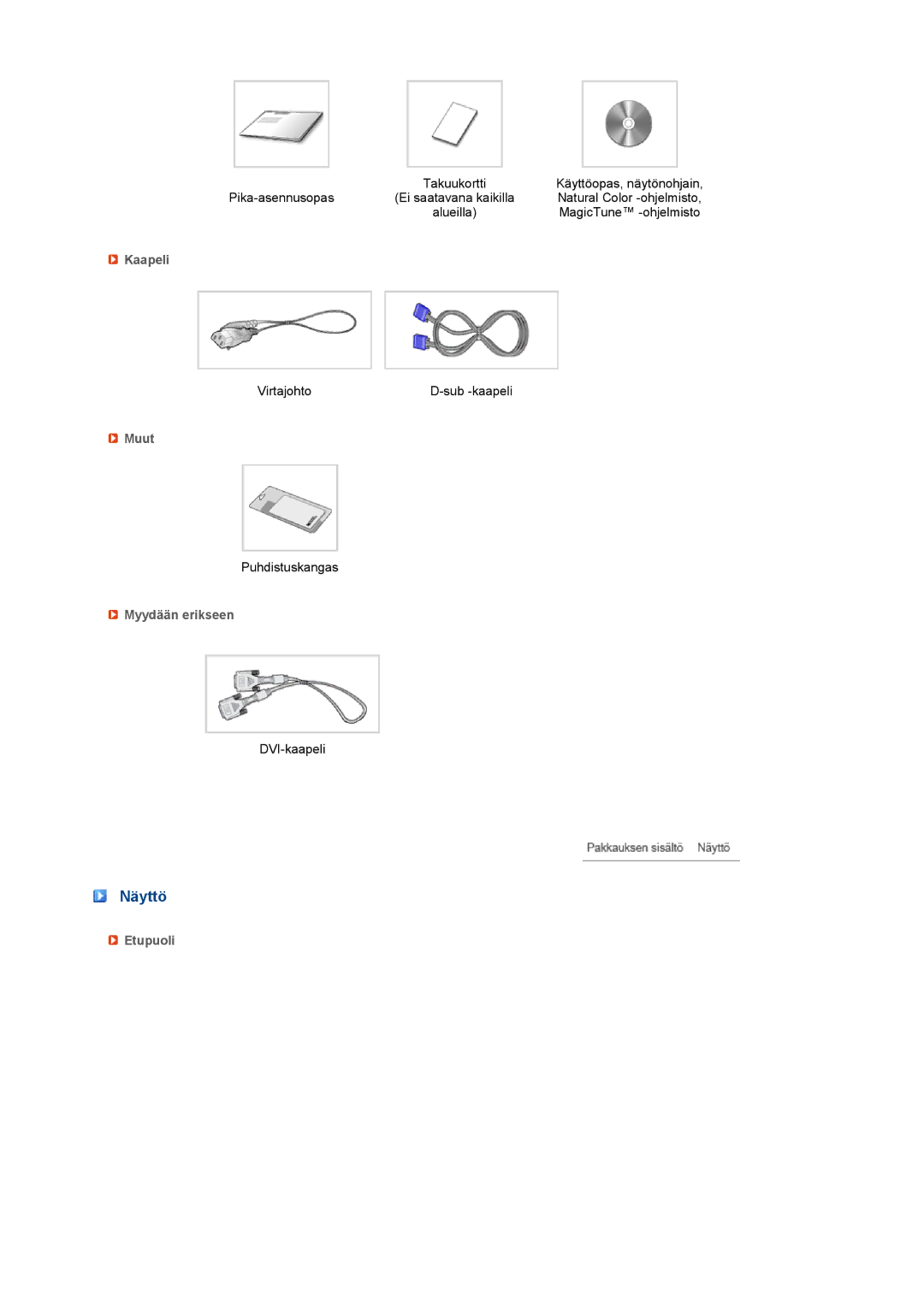 Samsung LS22MEVSFV/EDC manual Näyttö, Kaapeli, Muut, Myydään erikseen, Etupuoli 