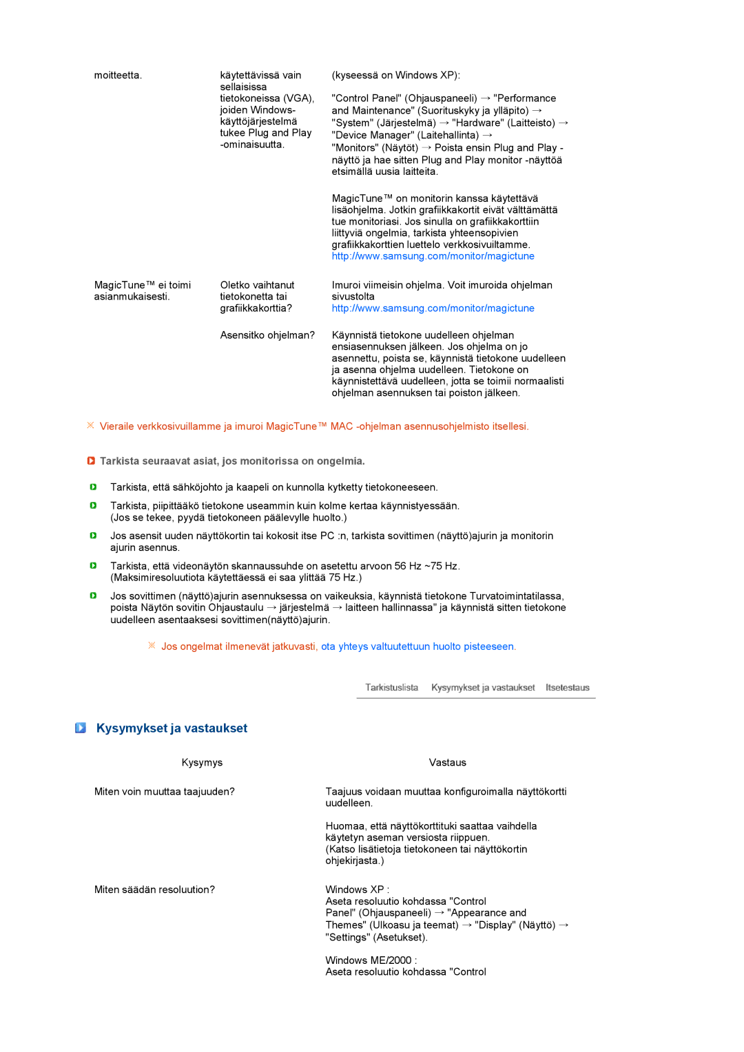 Samsung LS22MEVSFV/EDC manual Kysymykset ja vastaukset, Tarkista seuraavat asiat, jos monitorissa on ongelmia 