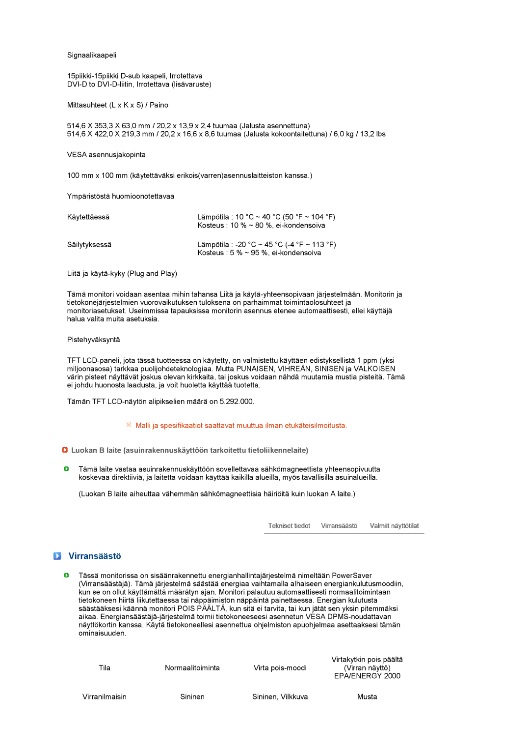 Samsung LS22MEVSFV/EDC manual Virransäästö, Epa/Energy 