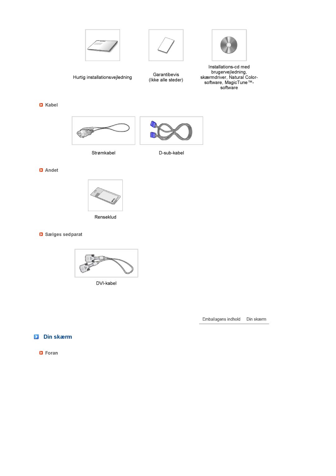 Samsung LS22MEVSFV/EDC manual Din skærm, Kabel, Andet, Sælges sedparat, Foran 