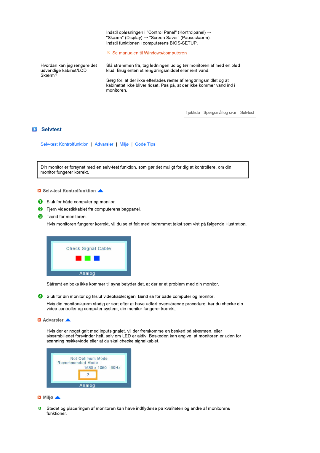 Samsung LS22MEVSFV/EDC manual Selvtest, Selv-test Kontrolfunktion, Advarsler, Miljø 