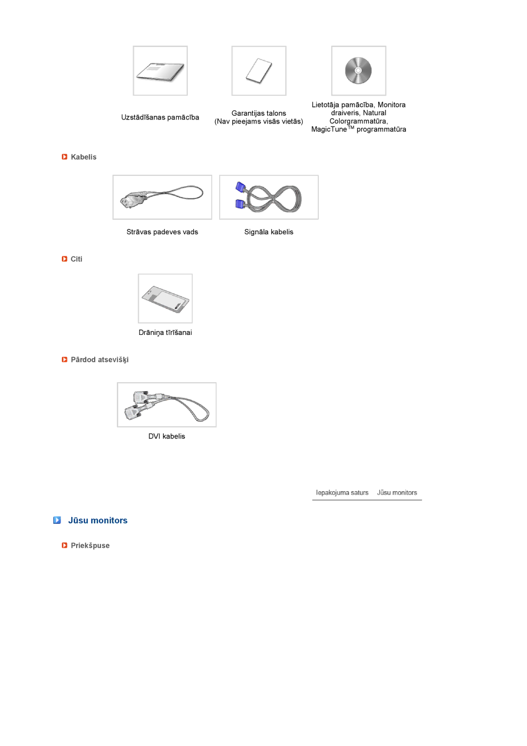 Samsung LS22MEVSFV/EDC manual Jūsu monitors, Kabelis, Citi, Pārdod atsevišķi, Priekšpuse 